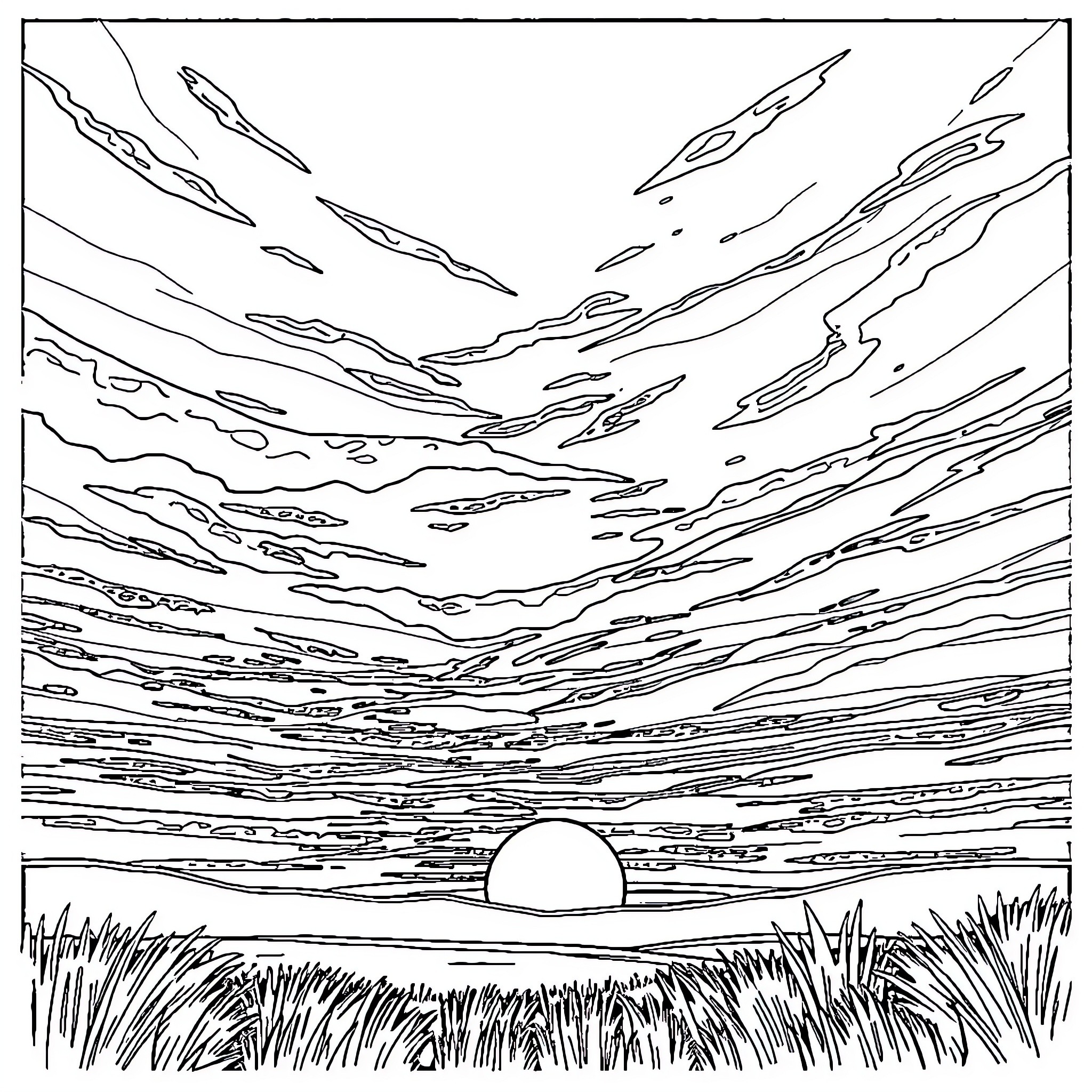 Sky filled with dramatic clouds over serene landscape Coloring Page (free black-and-white line drawing printable PDF for all, from beginners to advanced learners, including children, teens, adults, and seniors)