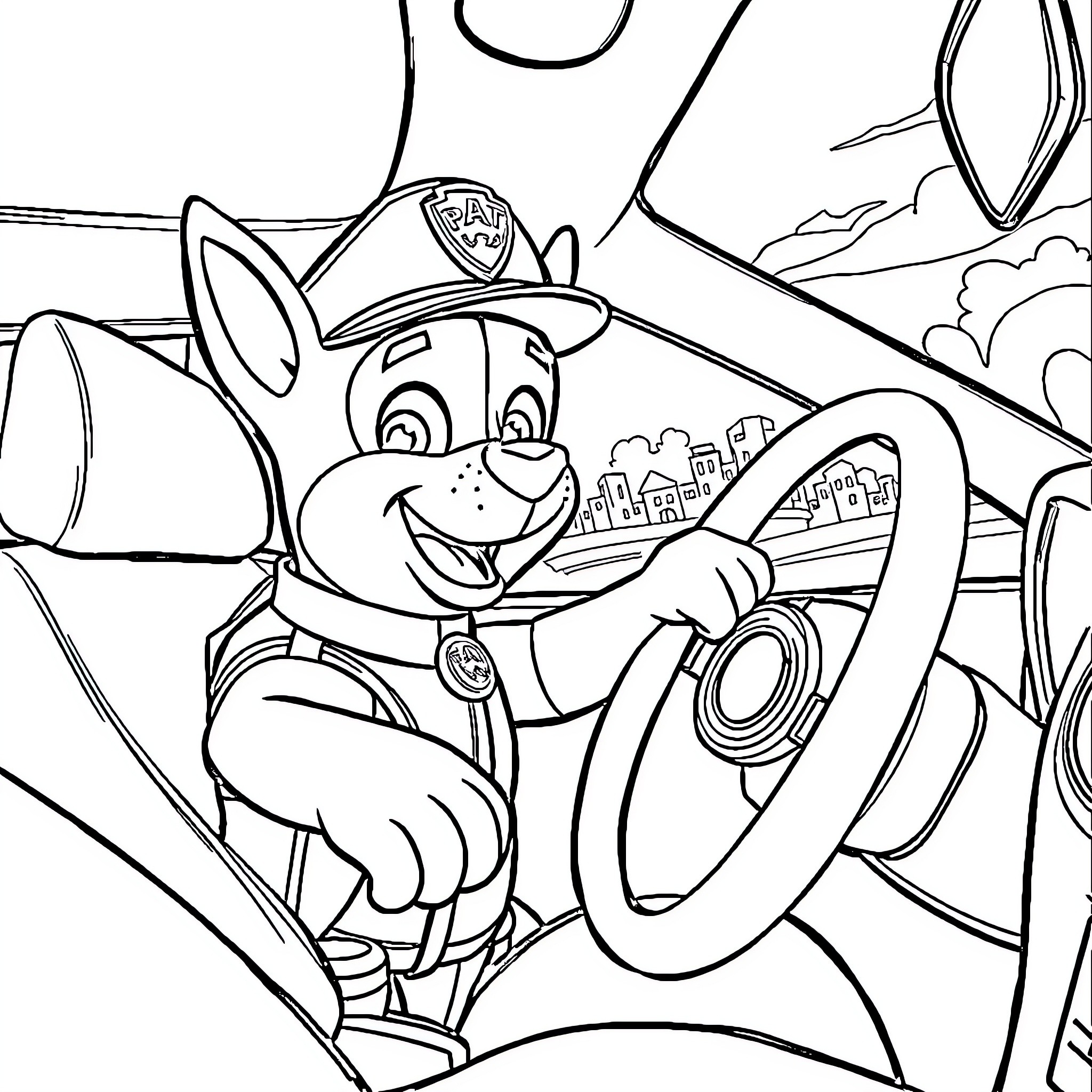 Chase the Pup Patrol through the Cityscape Coloring Page (free black-and-white line drawing printable PDF for all, from beginners to advanced learners, including children, teens, adults, and seniors)