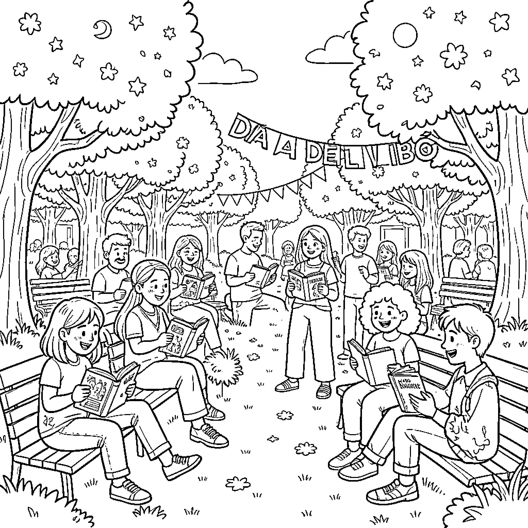 Book characters enjoy reading in the park Coloring Page (free black-and-white line drawing printable PDF for all, from beginners to advanced learners, including children, teens, adults, and seniors)