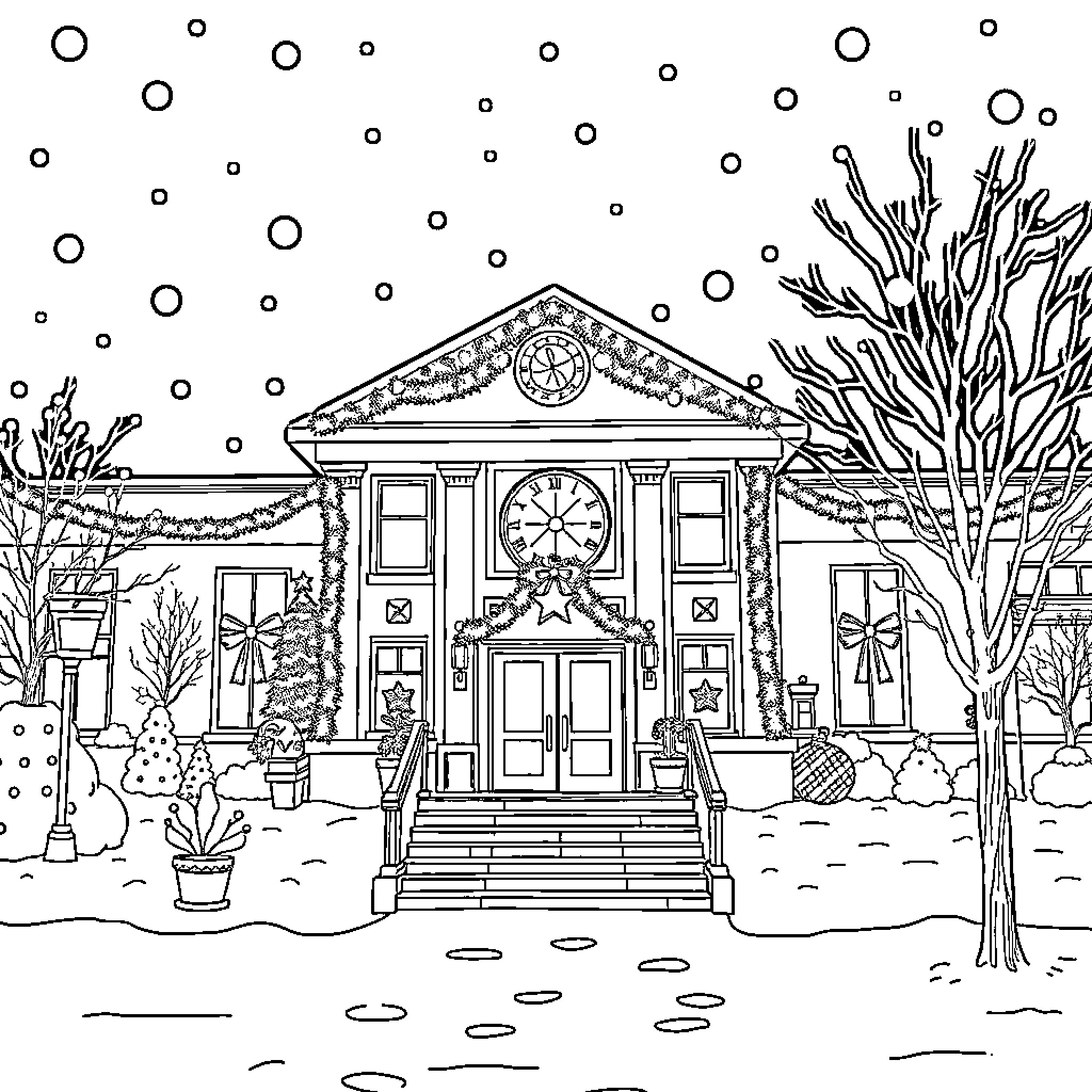Hero's Festive Winter Wonderland Coloring Page (free black-and-white line drawing printable PDF for all, from beginners to advanced learners, including children, teens, adults, and seniors)