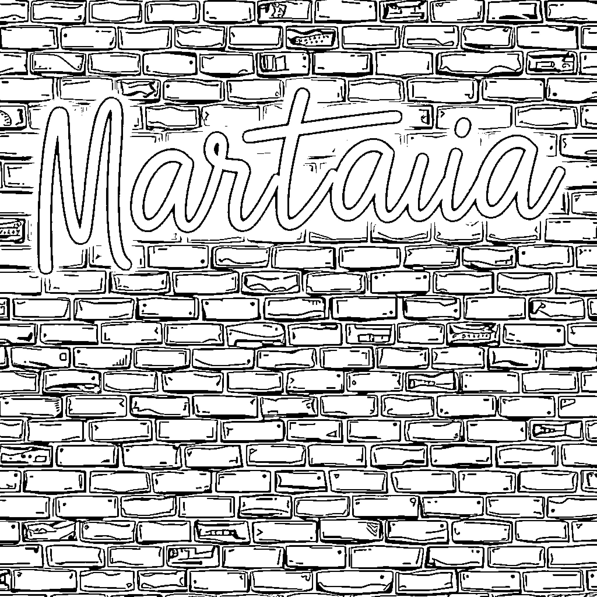 Name of Martania on brick wall Coloring Page (free black-and-white line drawing printable PDF for all, from beginners to advanced learners, including children, teens, adults, and seniors)