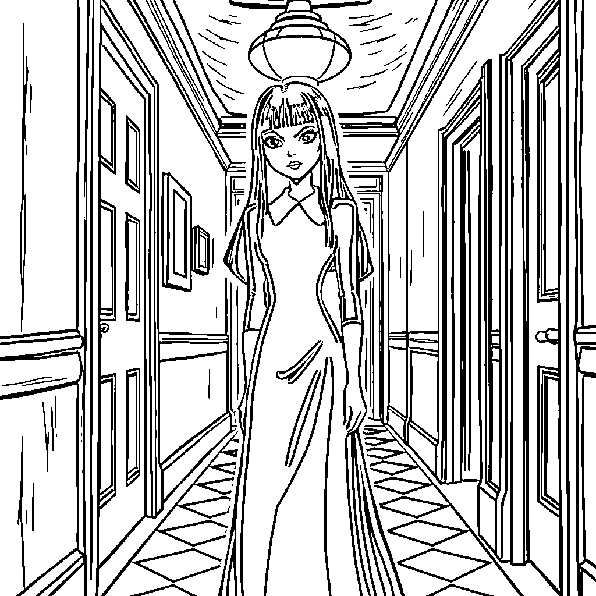 Wednesday Adams in a mysterious and unsettling hallway Coloring Page (free black-and-white line drawing printable PDF for all, from beginners to advanced learners, including children, teens, adults, and seniors)