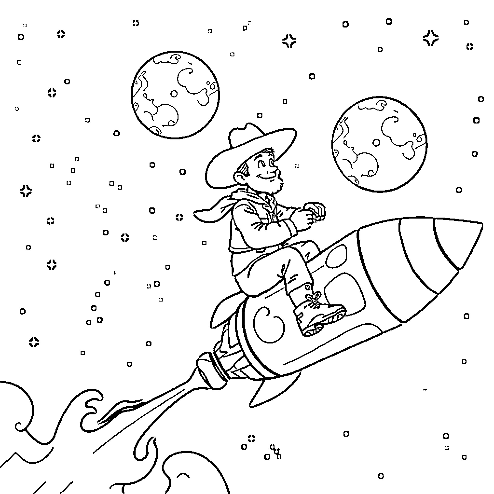 Cowboy riding rocket through starry night sky Coloring Page (free black-and-white line drawing printable PDF for all, from beginners to advanced learners, including children, teens, adults, and seniors)
