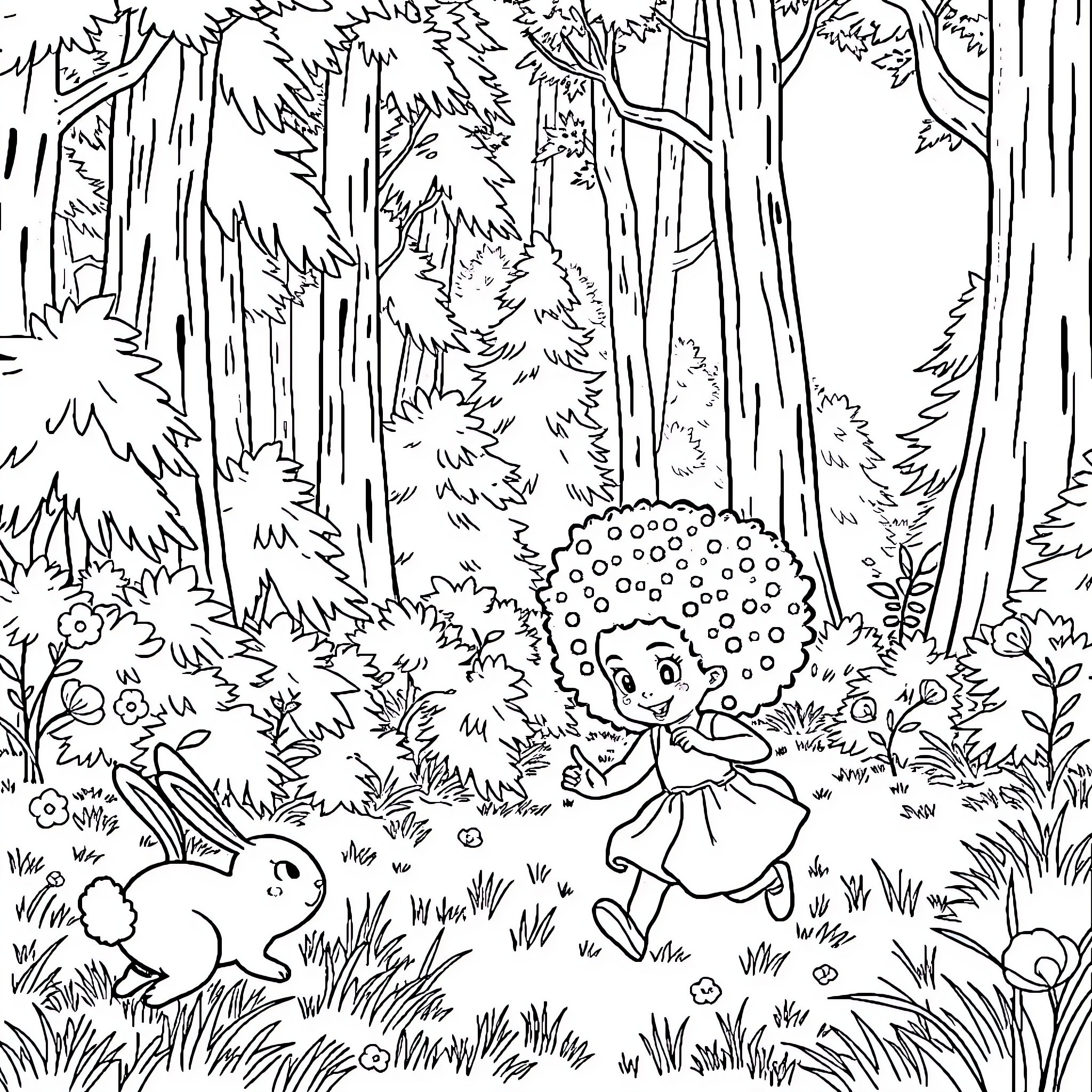 Girl explores enchanting forest with woodland creatures Coloring Page (free black-and-white line drawing printable PDF for all, from beginners to advanced learners, including children, teens, adults, and seniors)