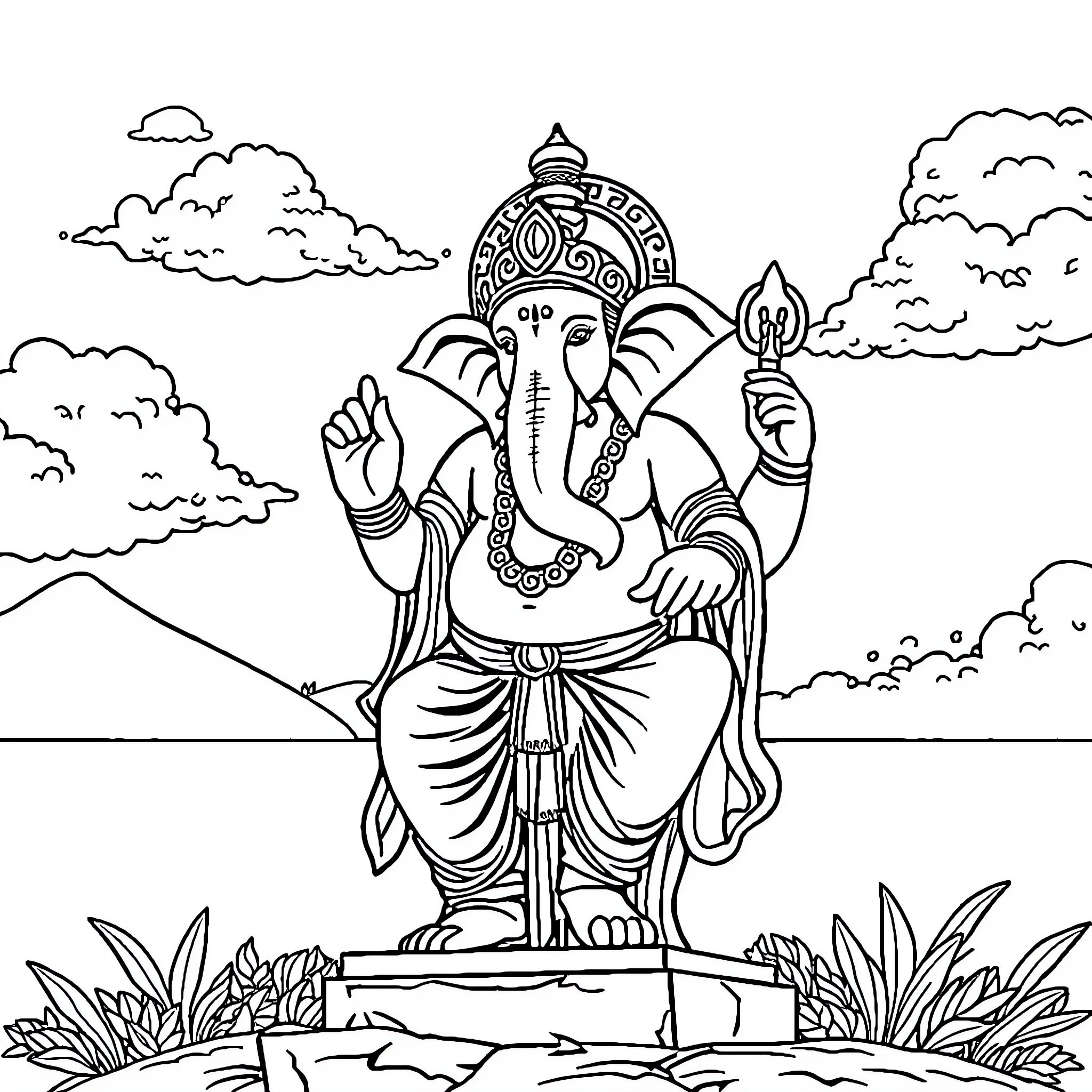 Ganesha, the Remover of Obstacles, in a Serene Landscape Coloring Page (free black-and-white line drawing printable PDF for all, from beginners to advanced learners, including children, teens, adults, and seniors)