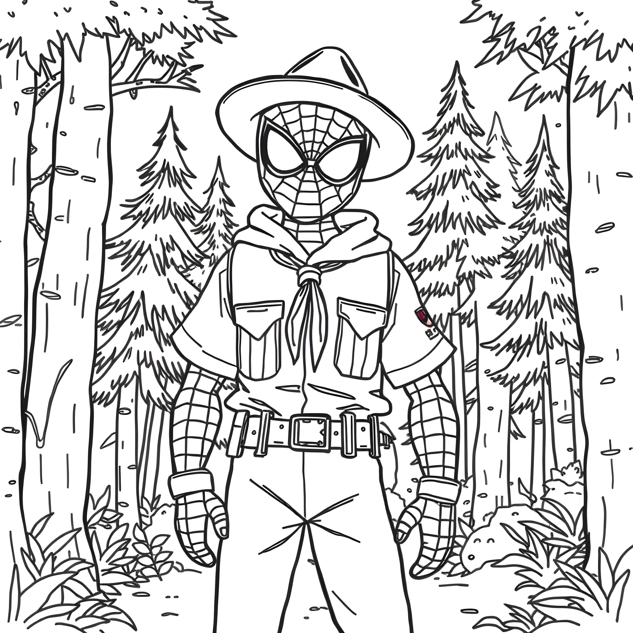 Spiderman hiking in the forest with nature Coloring Page (free black-and-white line drawing printable PDF for all, from beginners to advanced learners, including children, teens, adults, and seniors)