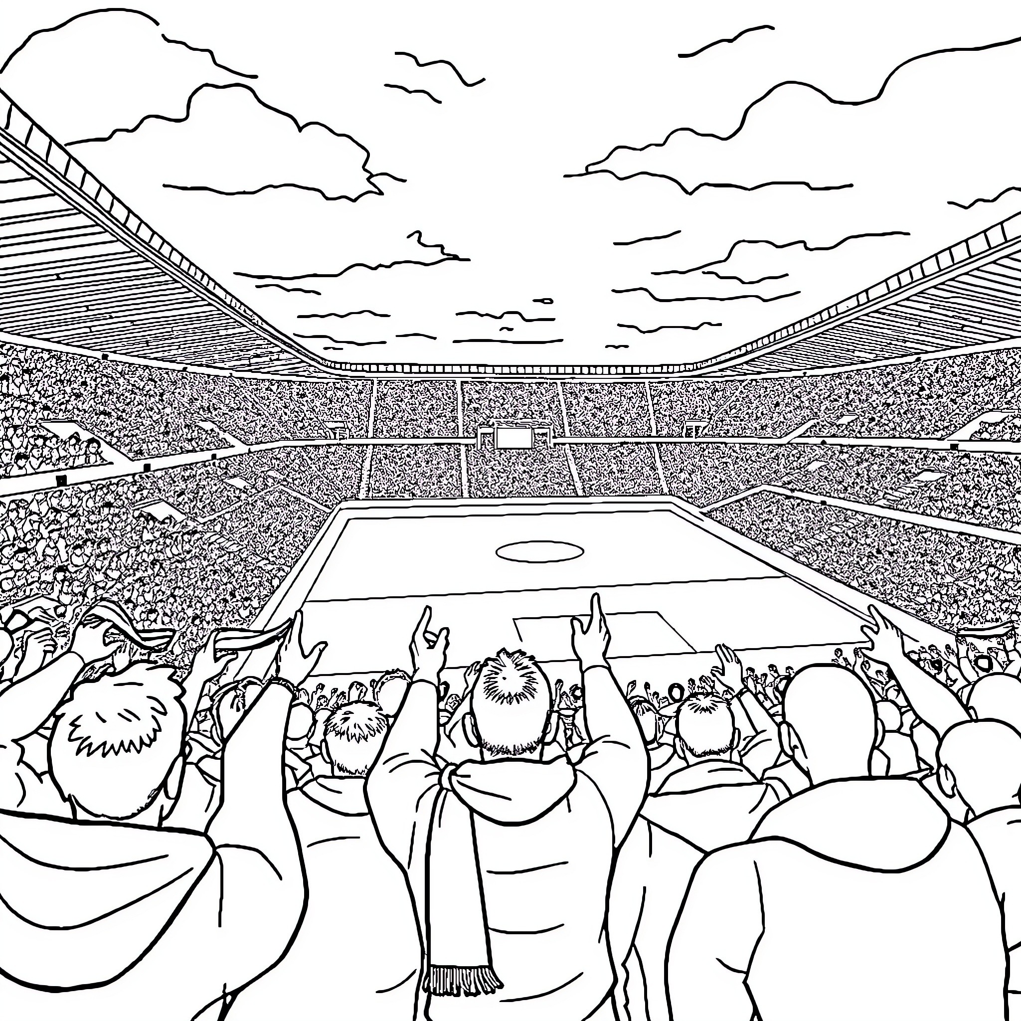 Stade Rennais - Fans Cheering Excitedly in Stadium Coloring Page (free black-and-white line drawing printable PDF for all, from beginners to advanced learners, including children, teens, adults, and seniors)