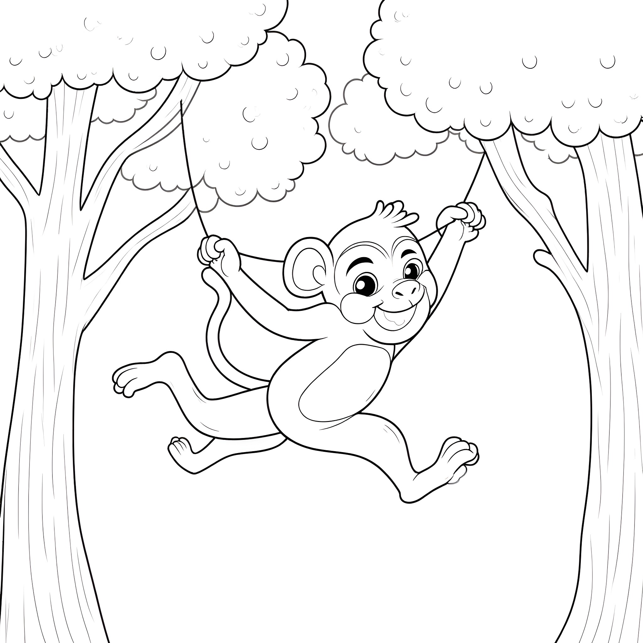 Monkey swinging happily in the forest Coloring Page (free black-and-white line drawing printable PDF for all, from beginners to advanced learners, including children, teens, adults, and seniors)