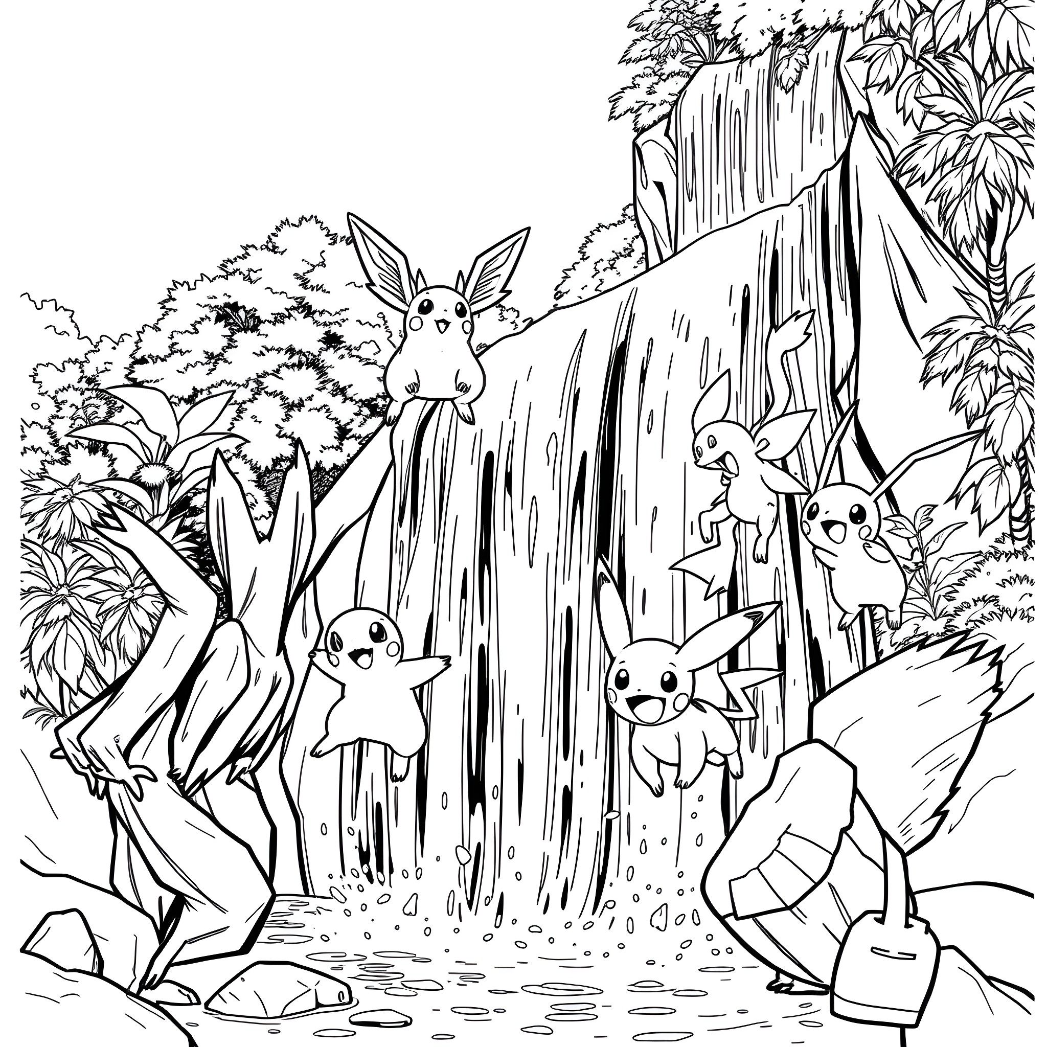 Pokémon characters playing near a waterfall Coloring Page (free black-and-white line drawing printable PDF for all, from beginners to advanced learners, including children, teens, adults, and seniors)