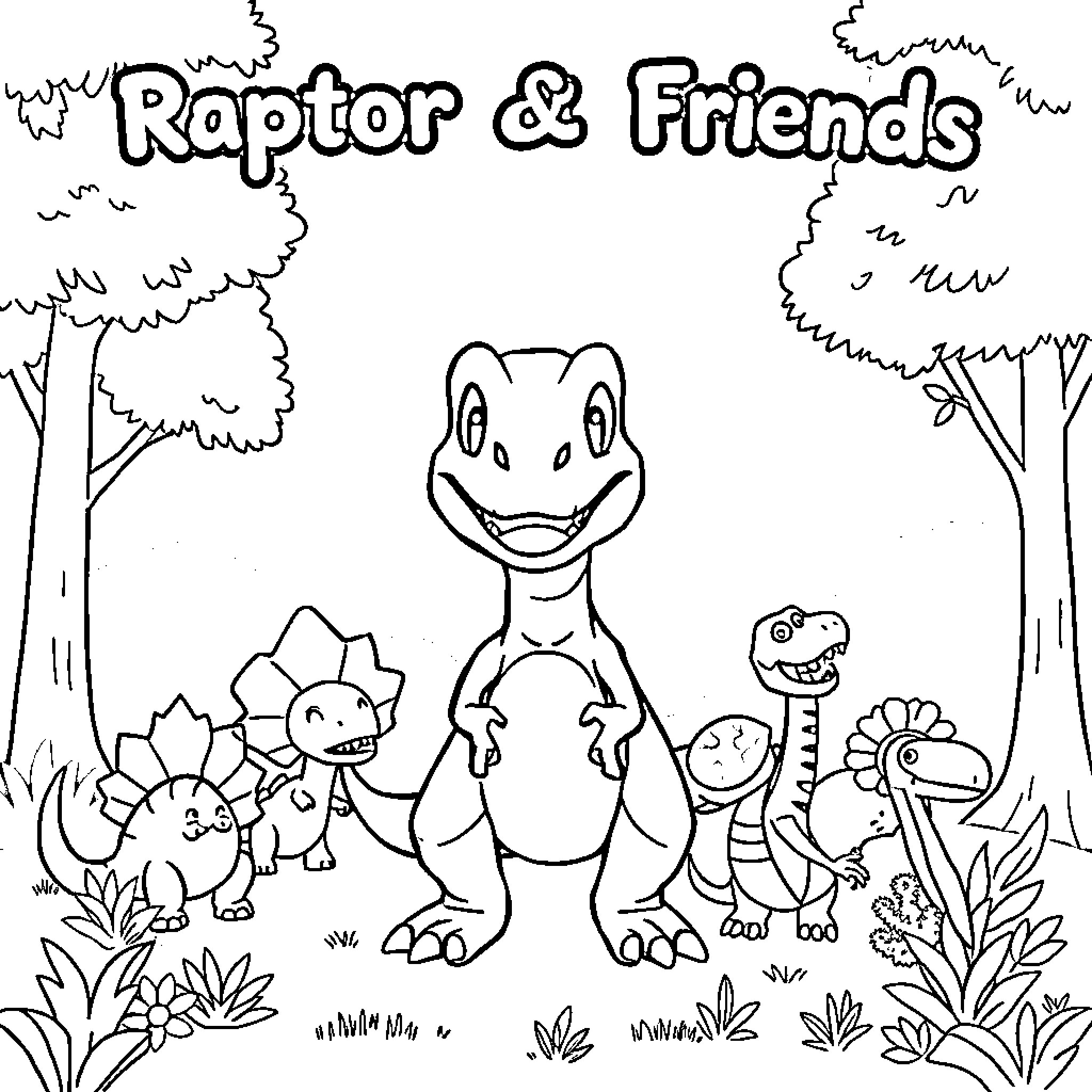 Velociraptor and Friends in the Forest Coloring Page (free black-and-white line drawing printable PDF for all, from beginners to advanced learners, including children, teens, adults, and seniors)