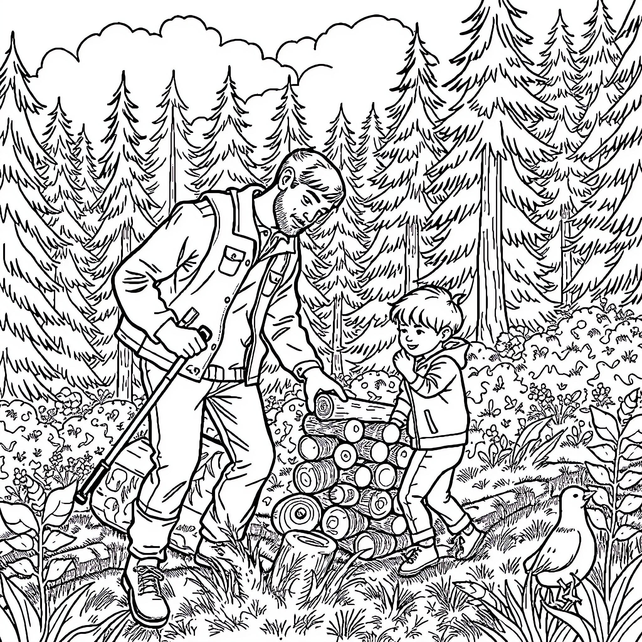 Dad and son exploring the forest together Coloring Page (free black-and-white line drawing printable PDF for all, from beginners to advanced learners, including children, teens, adults, and seniors)