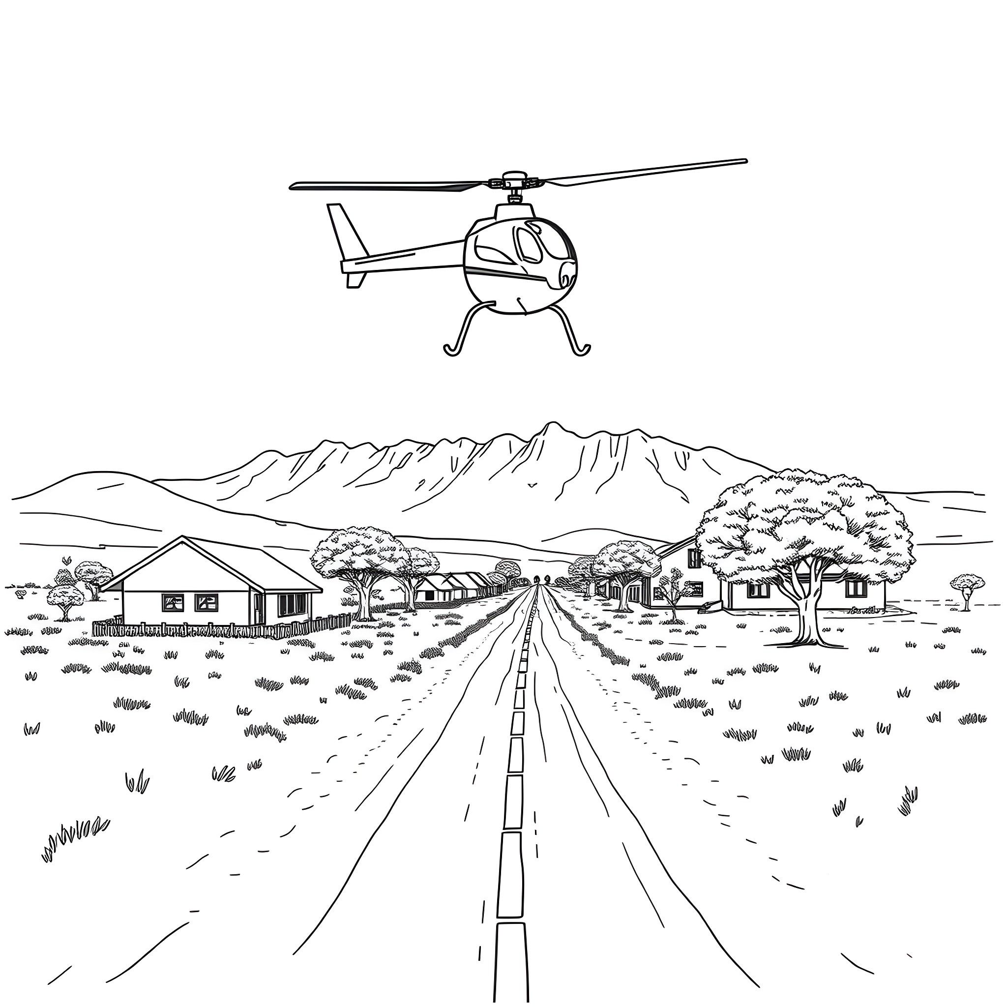 Helicopter flying over a rural landscape Coloring Page (free black-and-white line drawing printable PDF for all, from beginners to advanced learners, including children, teens, adults, and seniors)