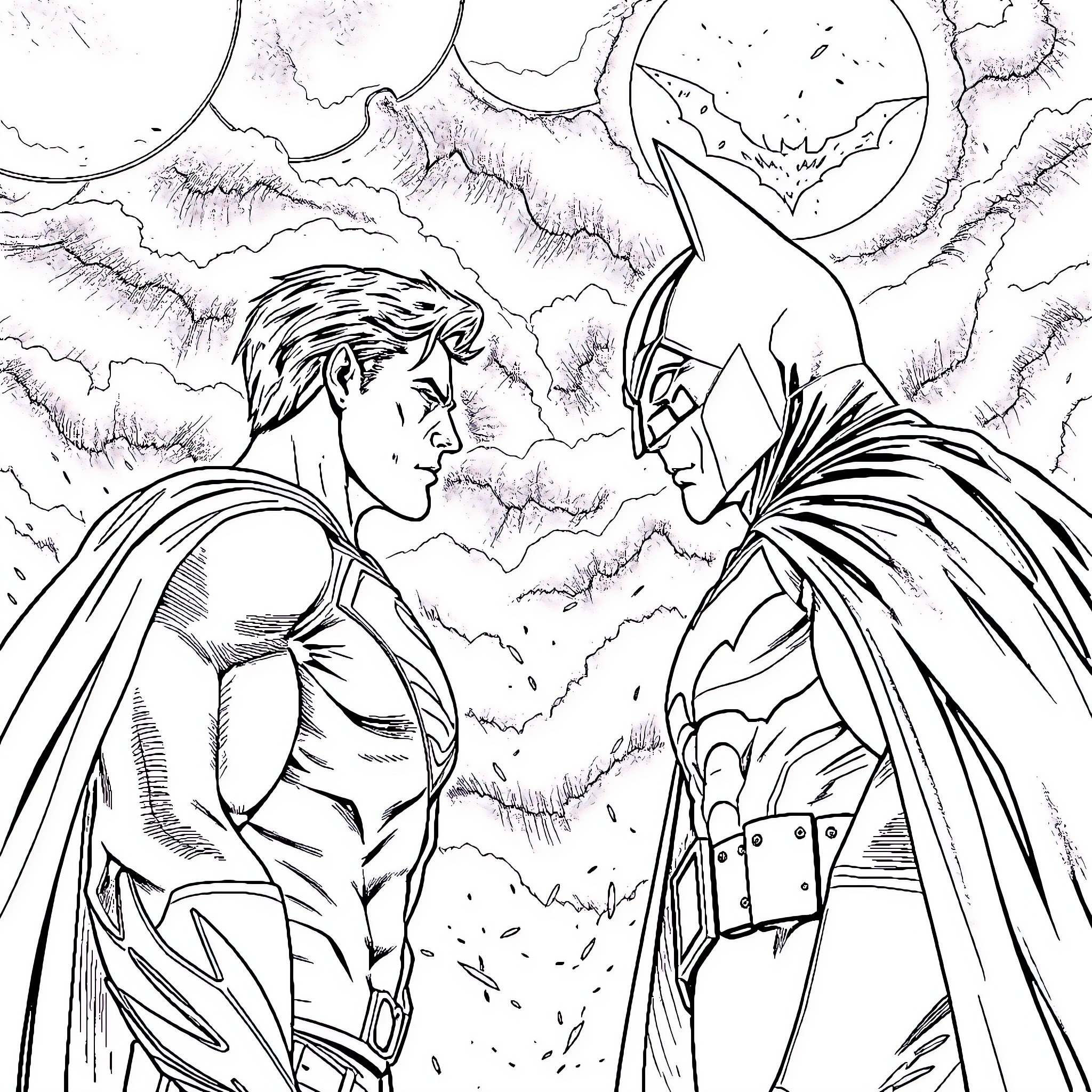 Superman and Batman face-off in a dramatic showdown Coloring Page (free black-and-white line drawing printable PDF for all, from beginners to advanced learners, including children, teens, adults, and seniors)