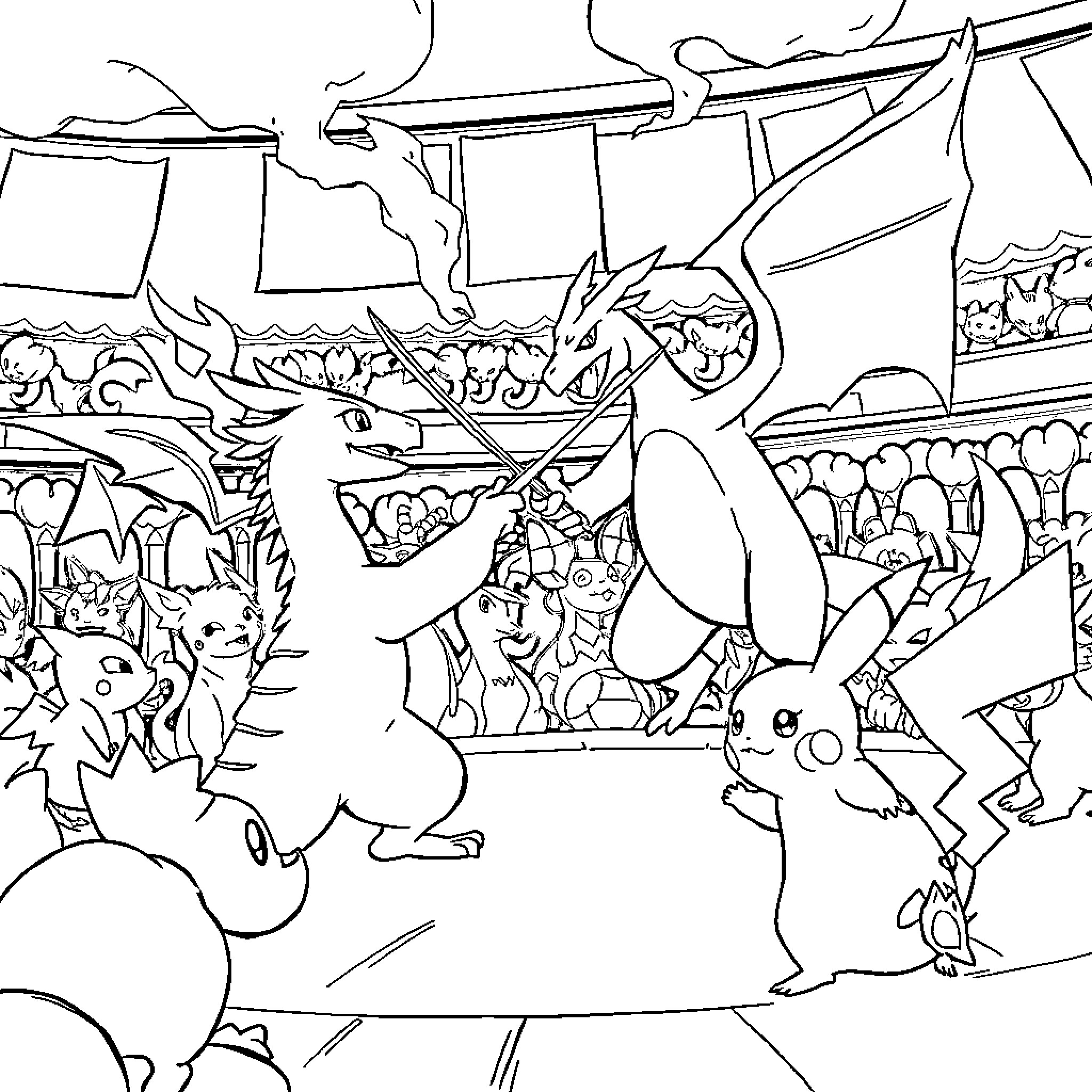 Charizard engaged in an epic battle with Pokémon companions Coloring Page (free black-and-white line drawing printable PDF for all, from beginners to advanced learners, including children, teens, adults, and seniors)