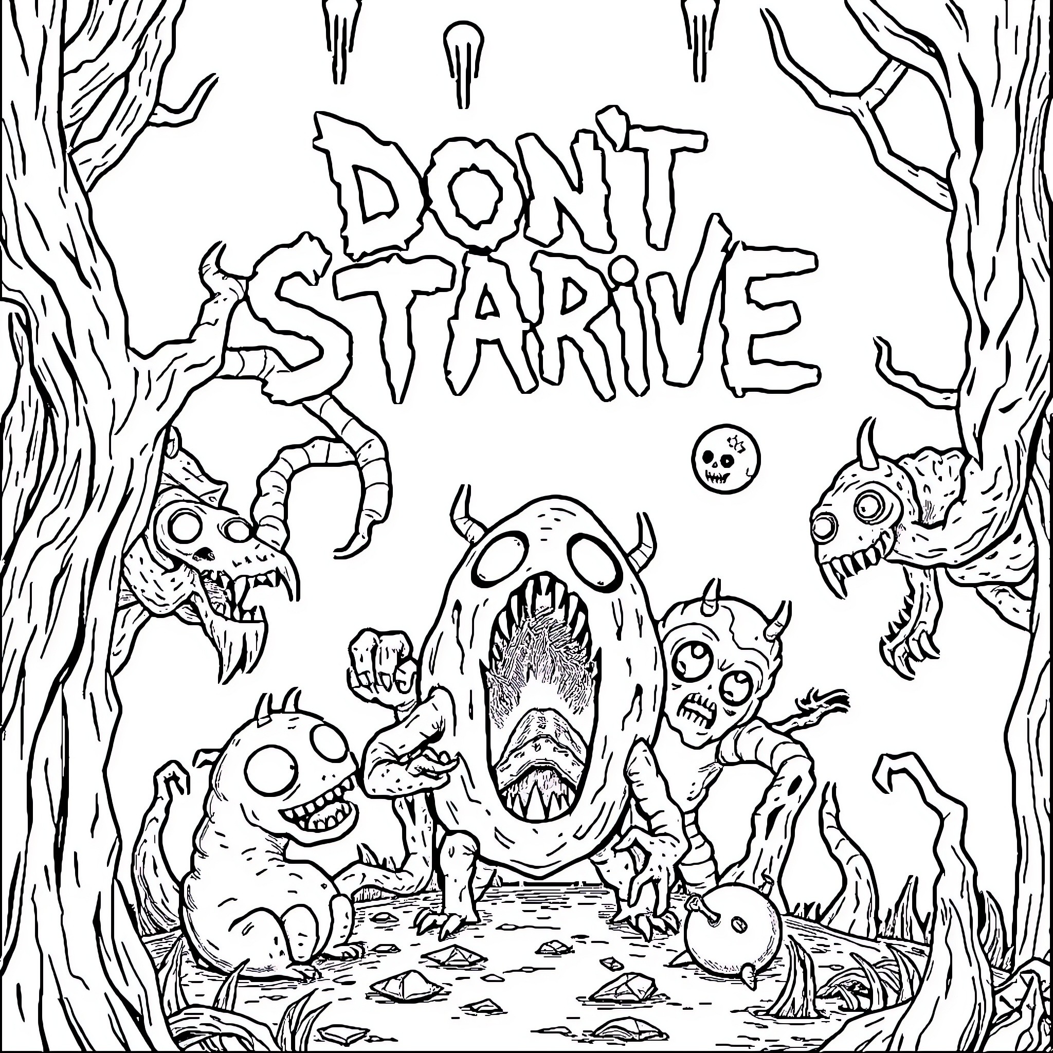 Don't Starve: Monsters, Creatures, and Survival in the Wild Coloring Page (free black-and-white line drawing printable PDF for all, from beginners to advanced learners, including children, teens, adults, and seniors)
