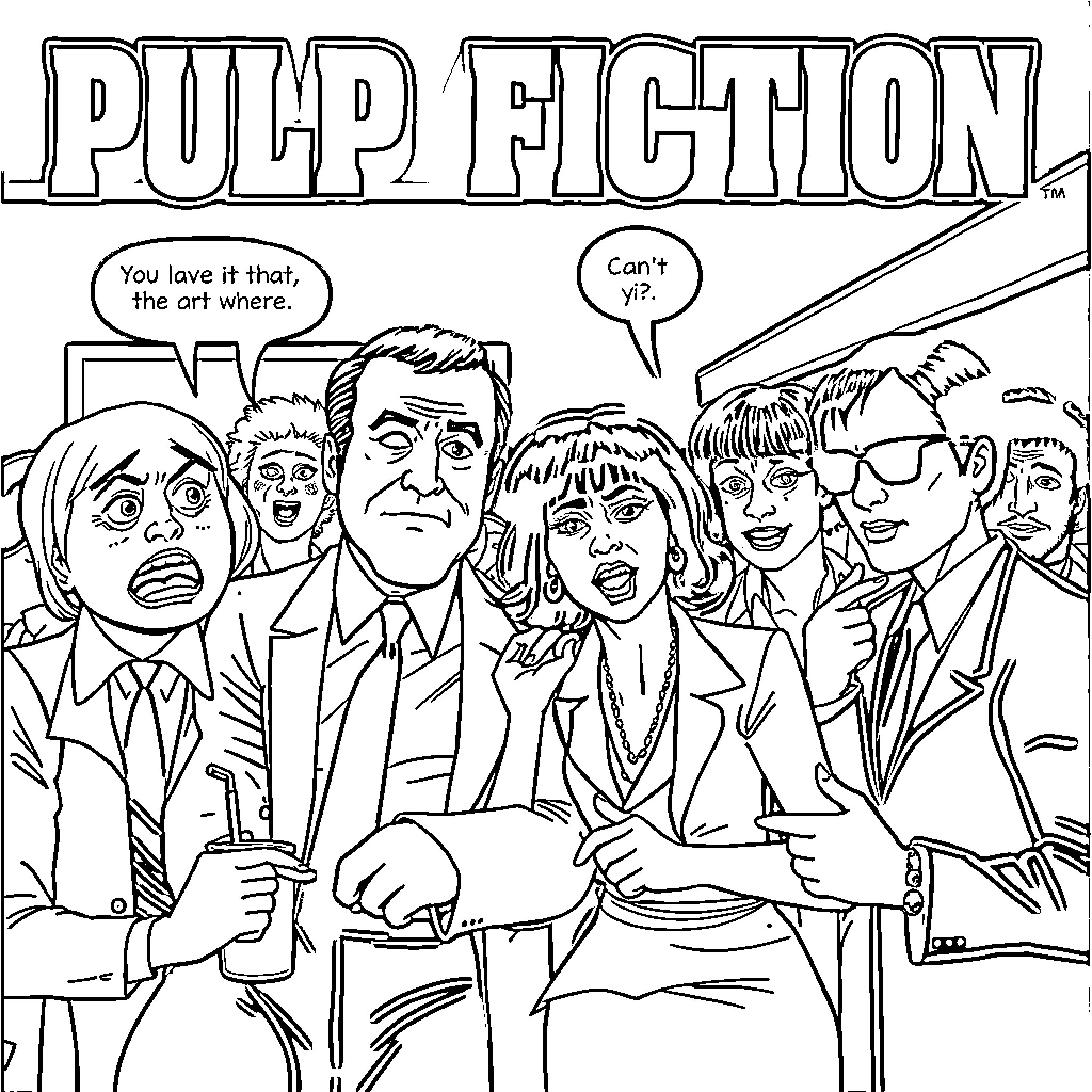 Pulp Fiction: Characters in an Intense Dialogue Coloring Page (free black-and-white line drawing printable PDF for all, from beginners to advanced learners, including children, teens, adults, and seniors)