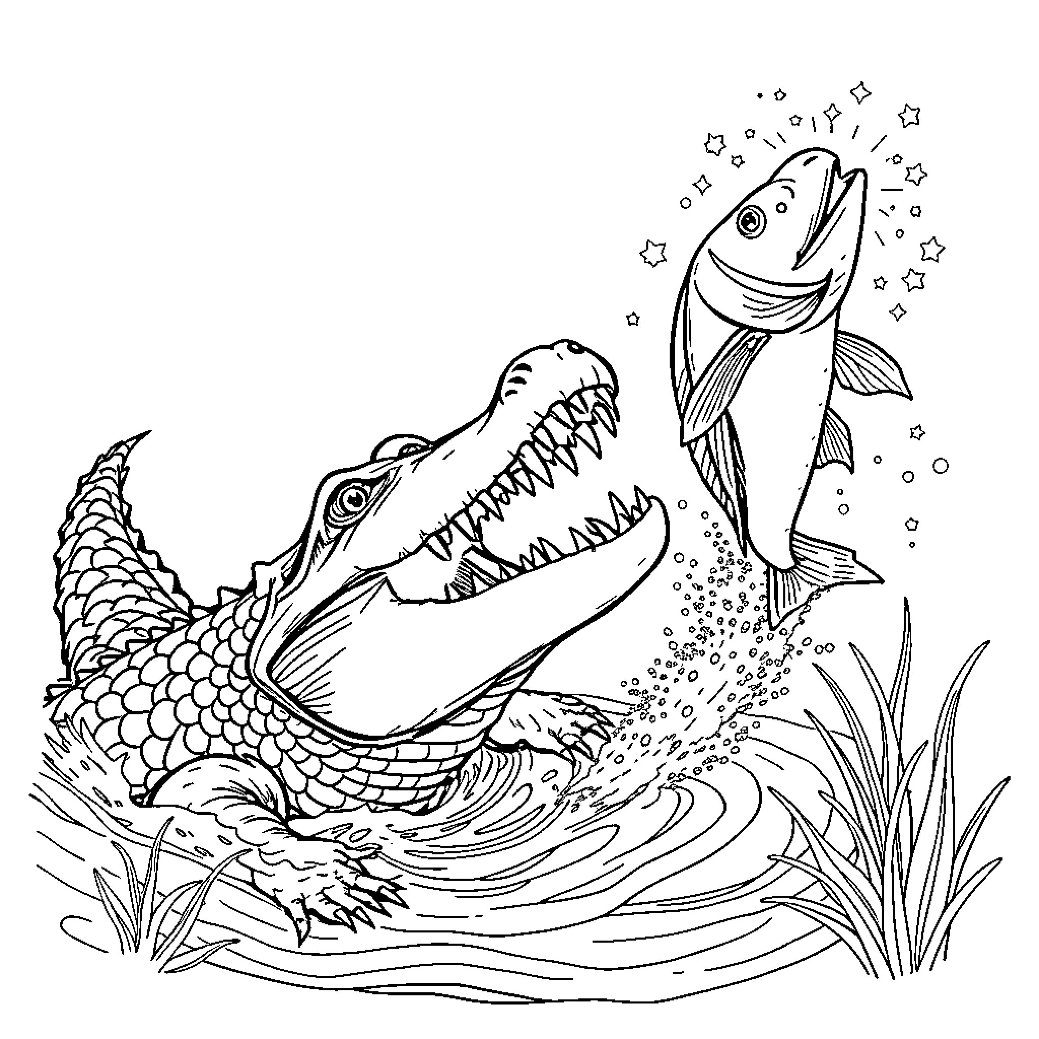 Alligator hunting a fish in the wild Coloring Page (free black-and-white line drawing printable PDF for all, from beginners to advanced learners, including children, teens, adults, and seniors)