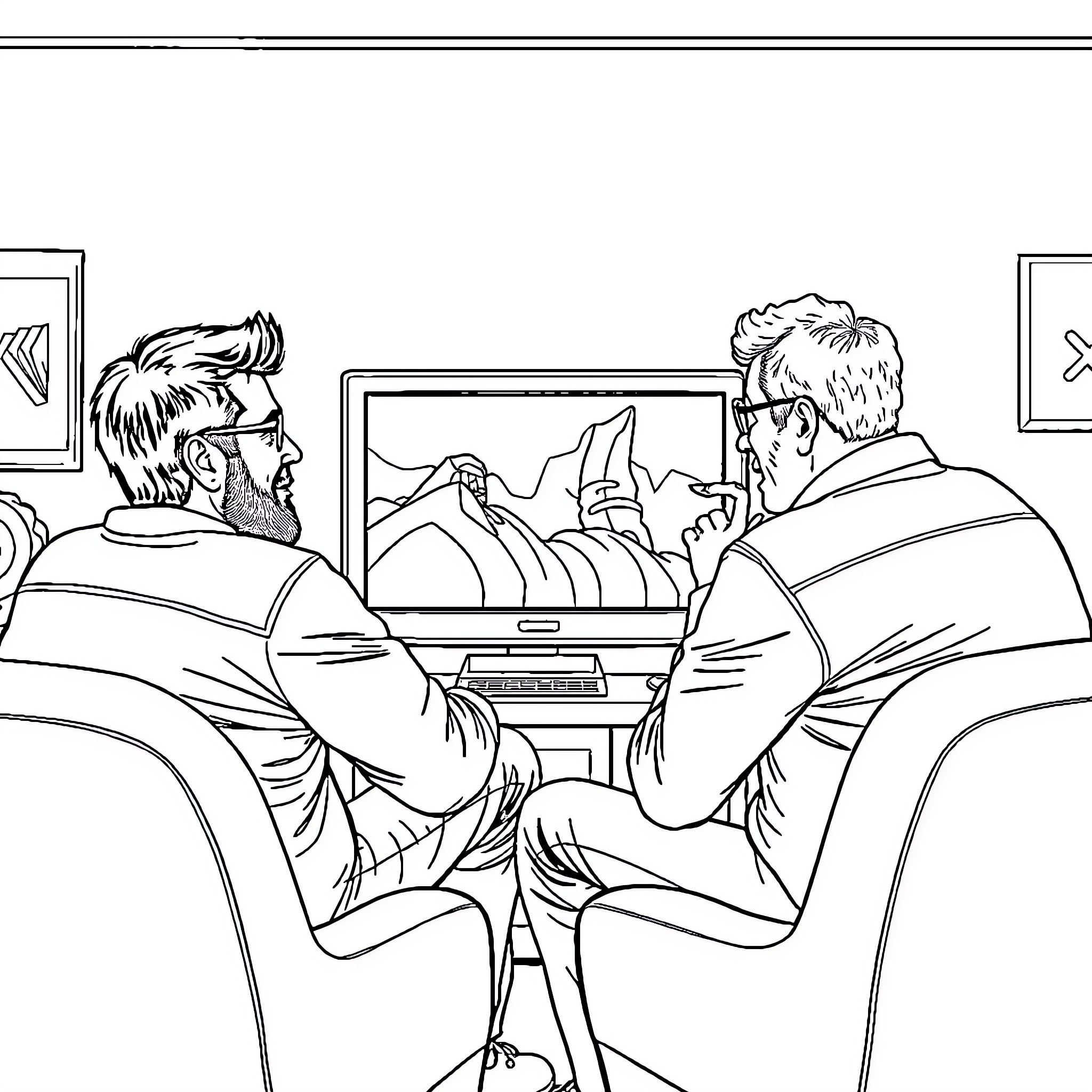 Hasan Piker and friends watching video on laptop Coloring Page (free black-and-white line drawing printable PDF for all, from beginners to advanced learners, including children, teens, adults, and seniors)