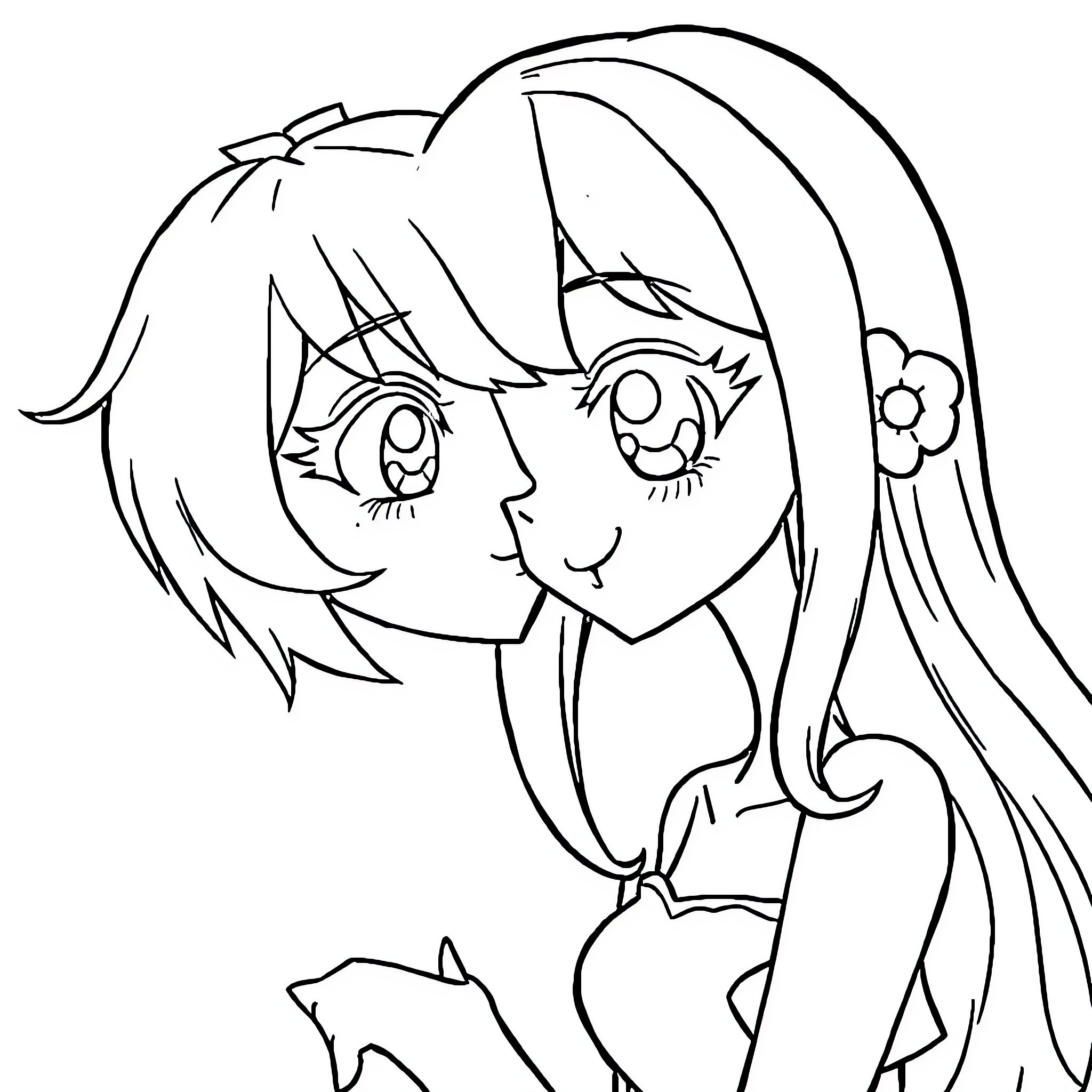 Anime Girl with Floral Headpiece and Cheerful Expression Coloring Page (free black-and-white line drawing printable PDF for all, from beginners to advanced learners, including children, teens, adults, and seniors)