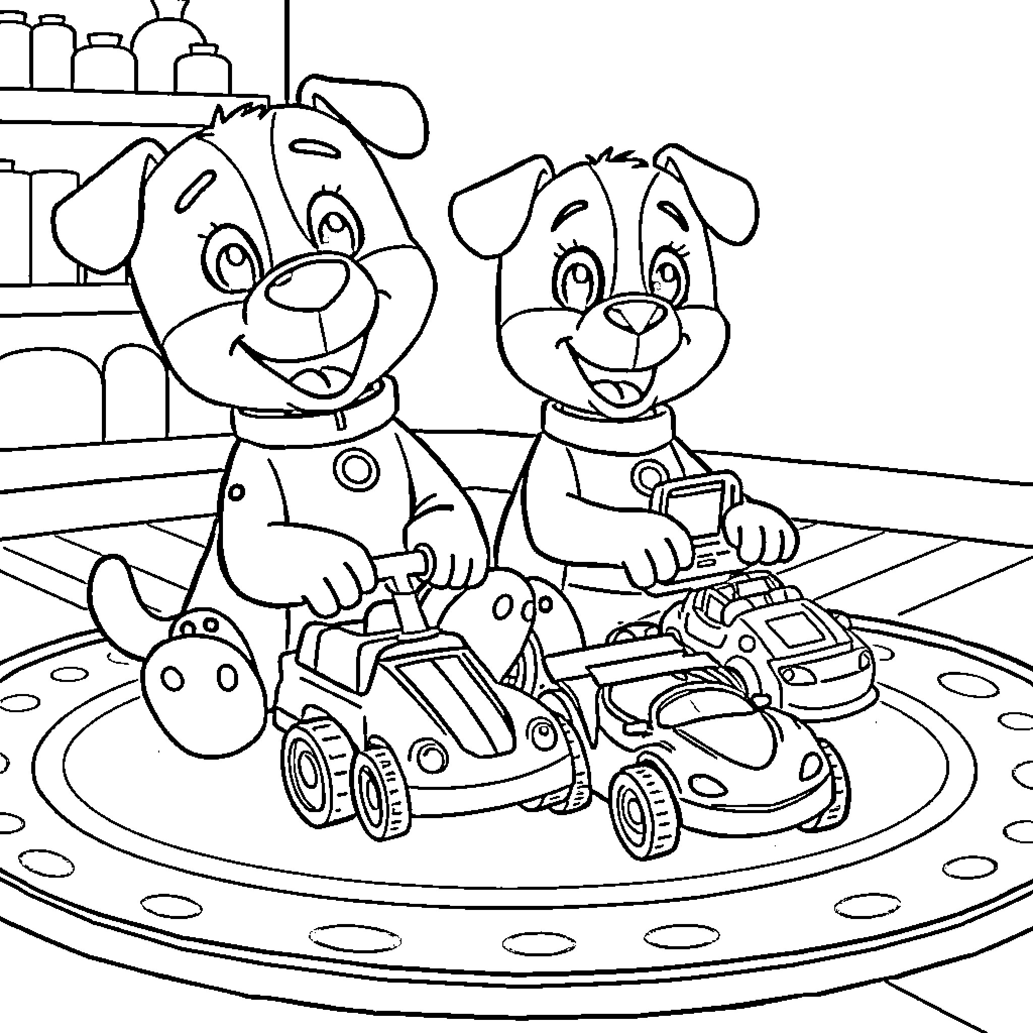 Duggee and Friends Playing with Toys Coloring Page (free black-and-white line drawing printable PDF for all, from beginners to advanced learners, including children, teens, adults, and seniors)