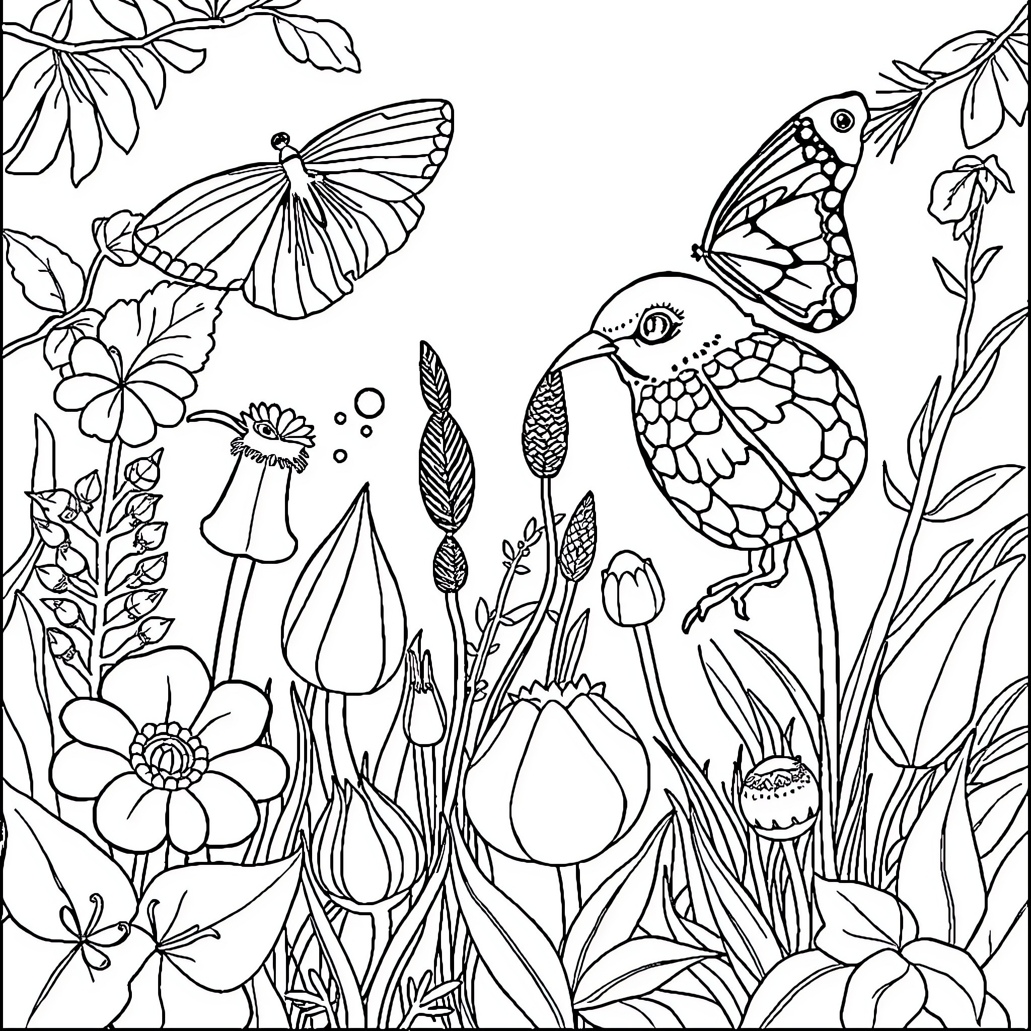 Biology of Vibrant Nature: Butterflies, Birds, and Blooms Coloring Page (free black-and-white line drawing printable PDF for all, from beginners to advanced learners, including children, teens, adults, and seniors)