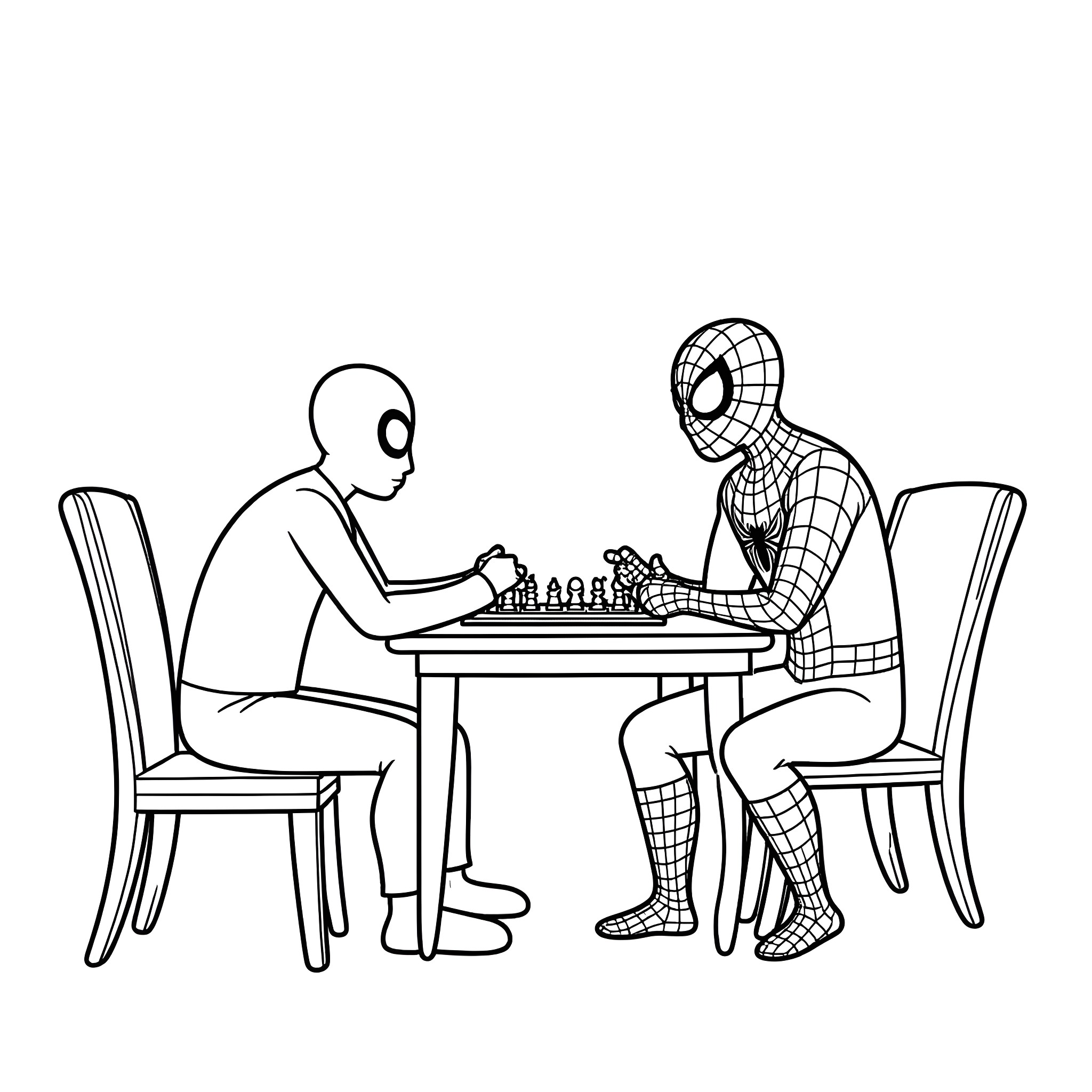 Spider-Man playing chess with alien in a dining room Coloring Page (free black-and-white line drawing printable PDF for all, from beginners to advanced learners, including children, teens, adults, and seniors)