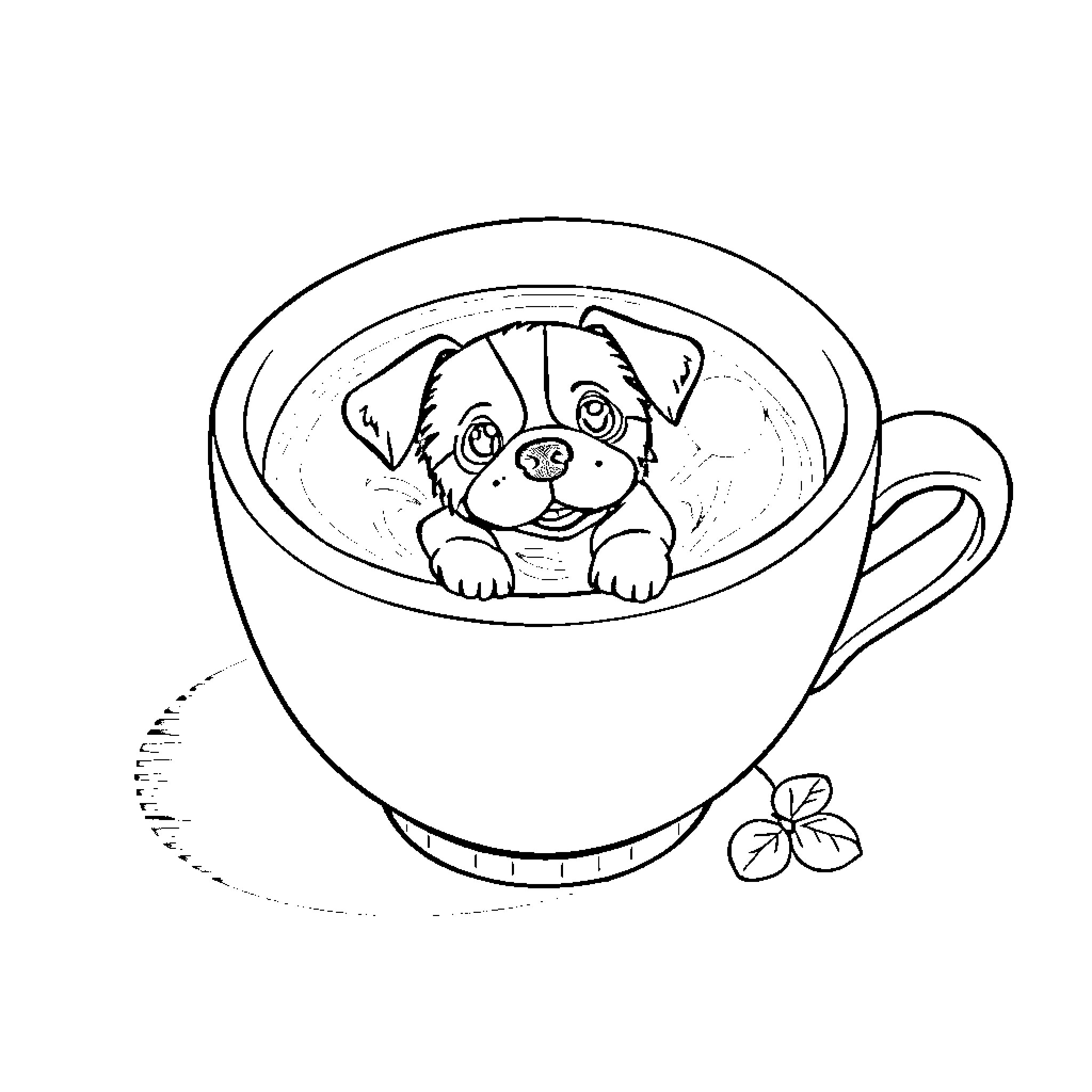 Dog peeking out from a cozy cup Coloring Page (free black-and-white line drawing printable PDF for all, from beginners to advanced learners, including children, teens, adults, and seniors)