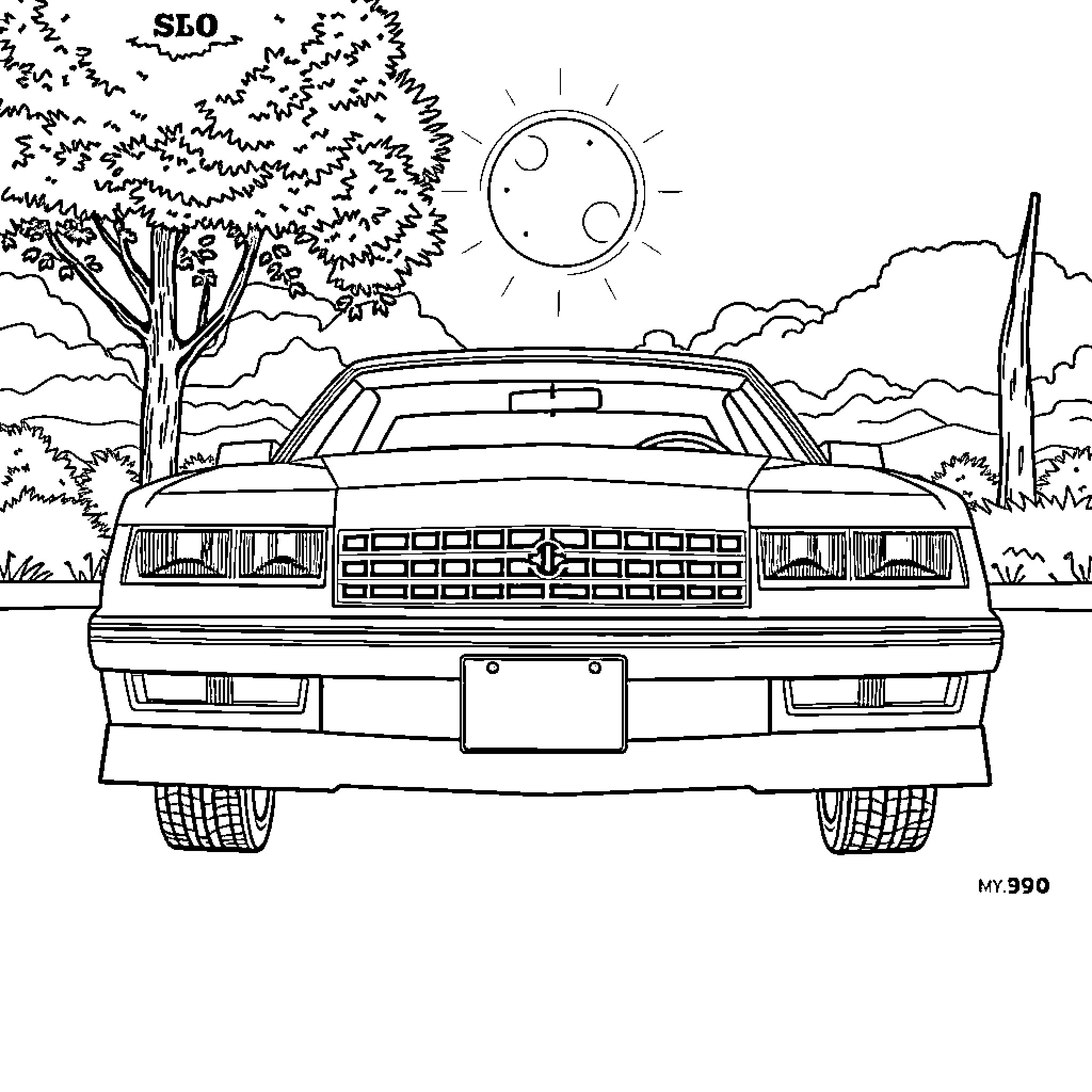 Monte Carlo car in a desert landscape Coloring Page (free black-and-white line drawing printable PDF for all, from beginners to advanced learners, including children, teens, adults, and seniors)