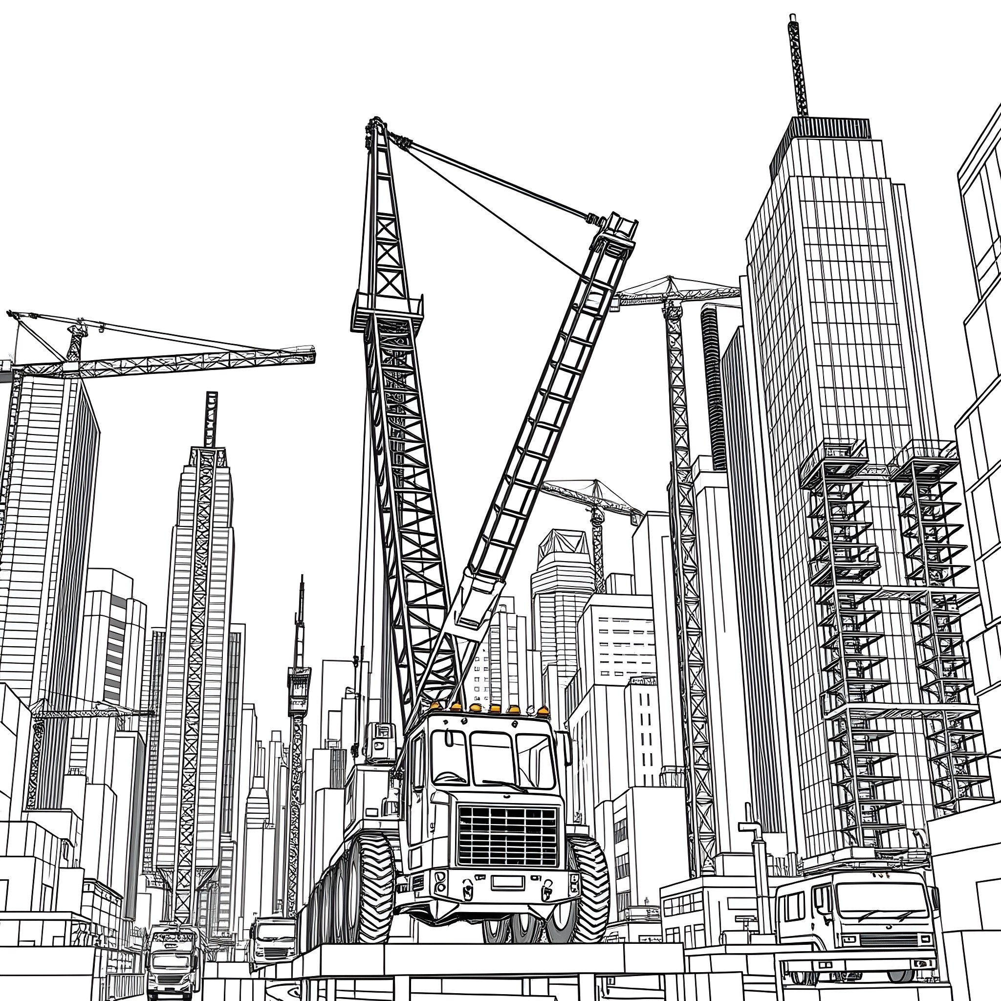 Construction Vehicle Operating in Urban Cityscape Coloring Page (free black-and-white line drawing printable PDF for all, from beginners to advanced learners, including children, teens, adults, and seniors)