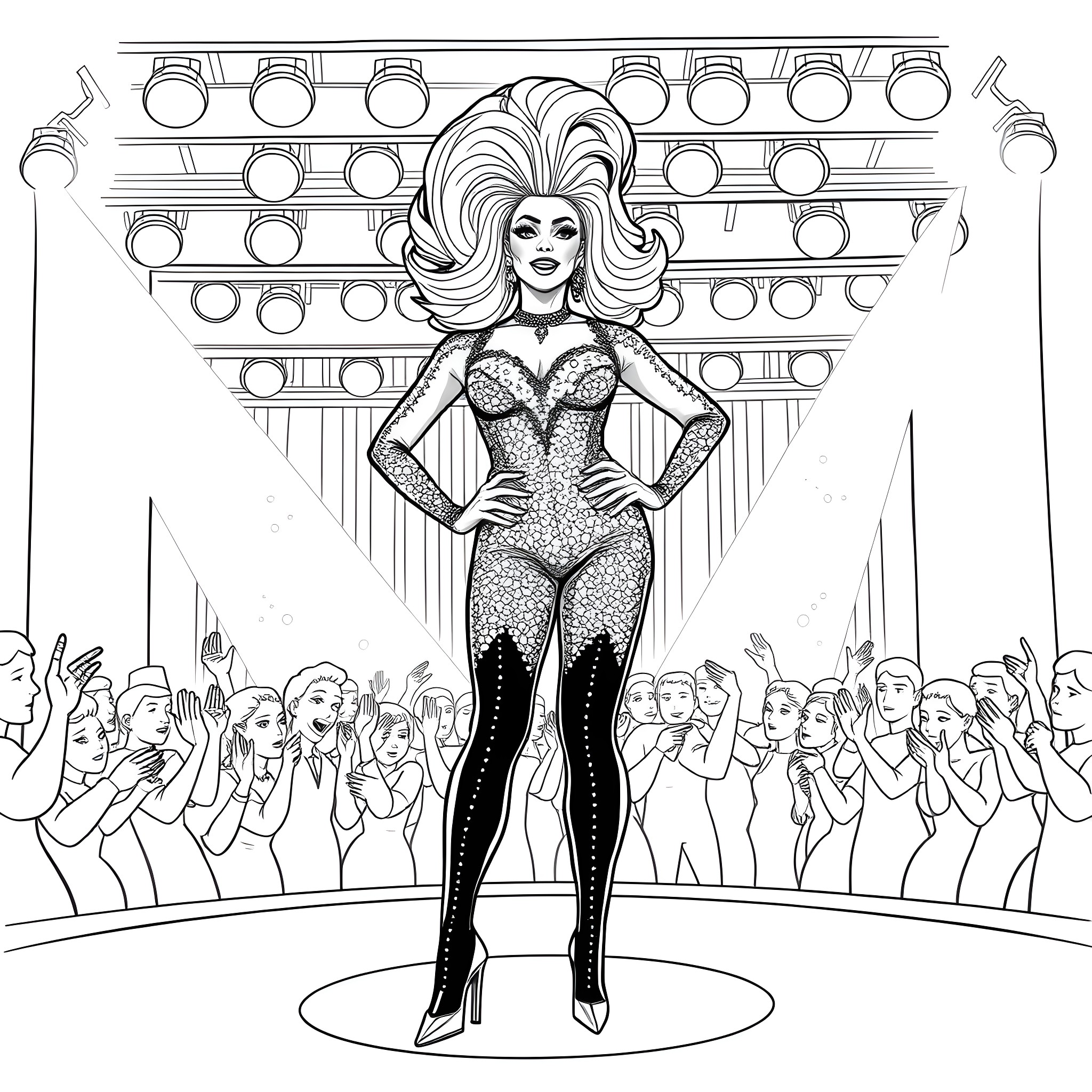 RuPaul's Glamorous Drag Queen Performance on Stage Coloring Page (free black-and-white line drawing printable PDF for all, from beginners to advanced learners, including children, teens, adults, and seniors)