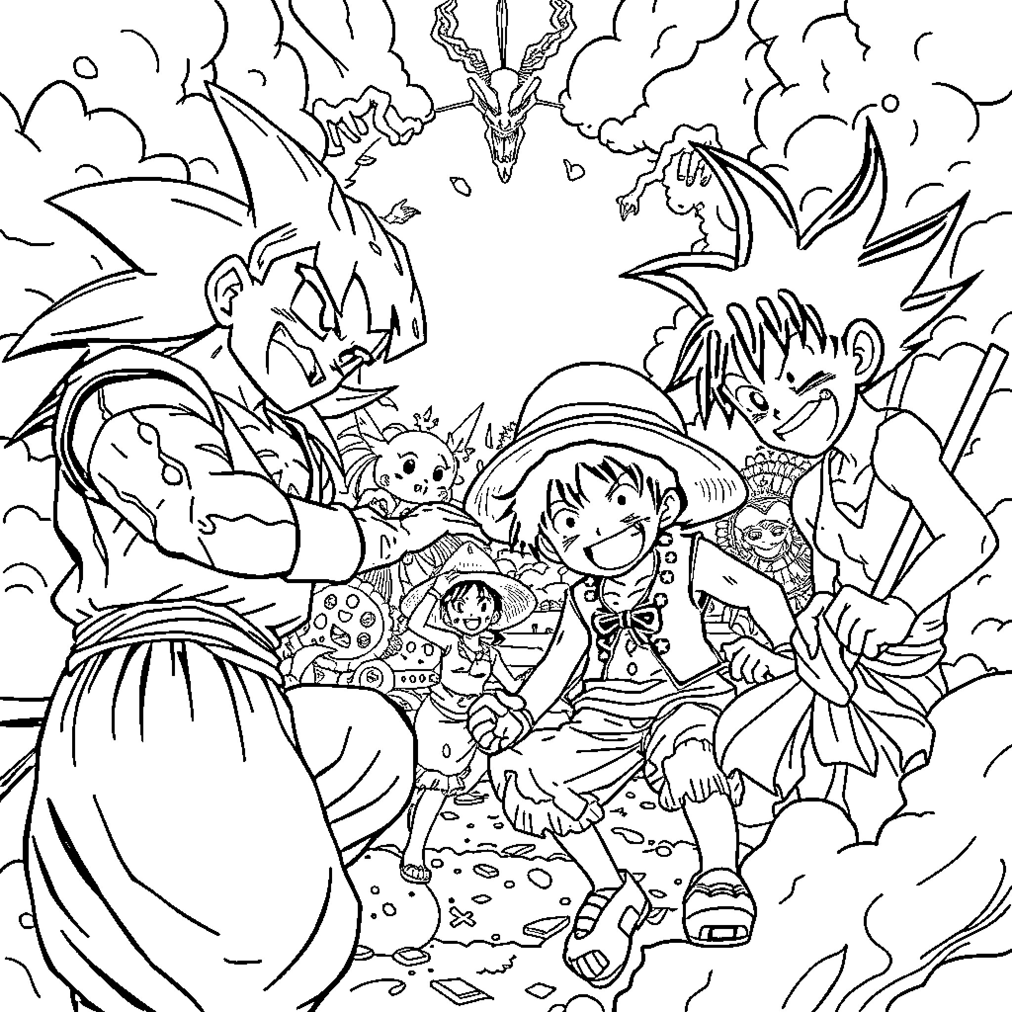 Dragon Ball Characters in Epic Battle Scene Coloring Page (free black-and-white line drawing printable PDF for all, from beginners to advanced learners, including children, teens, adults, and seniors)