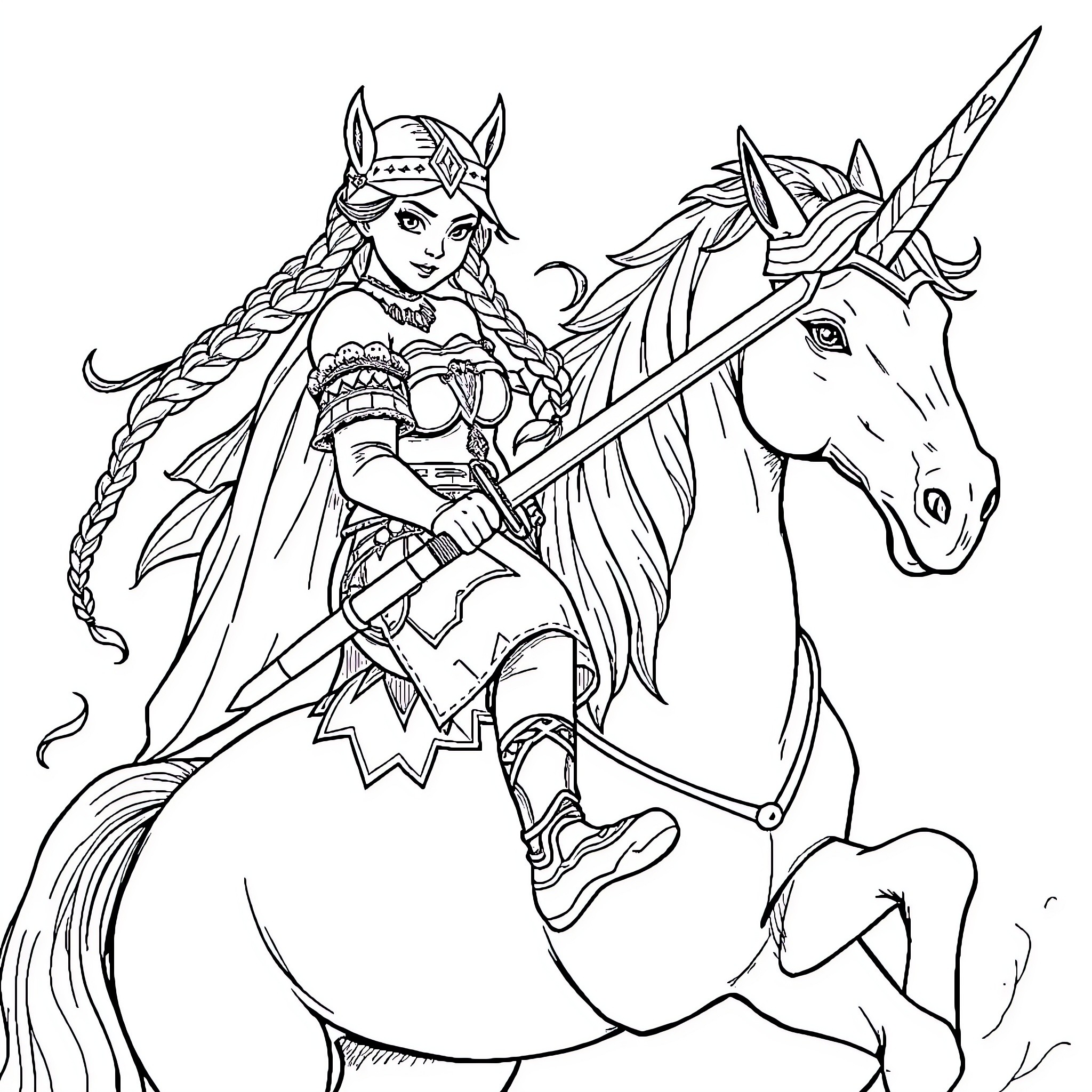 Viking warrior woman riding a unicorn Coloring Page (free black-and-white line drawing printable PDF for all, from beginners to advanced learners, including children, teens, adults, and seniors)