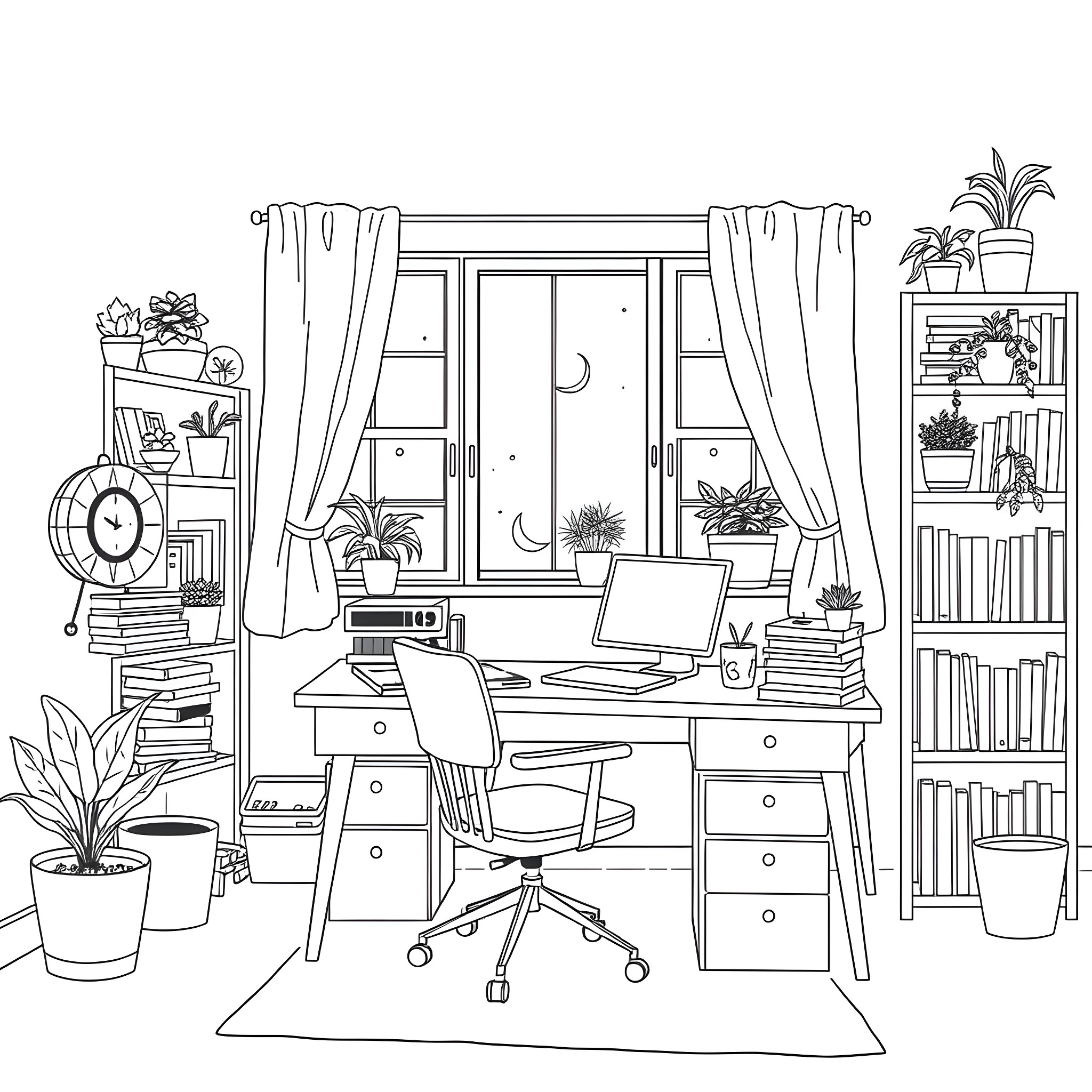 Home Office with Cozy Furnishings and Nature Decor Coloring Page (free black-and-white line drawing printable PDF for all, from beginners to advanced learners, including children, teens, adults, and seniors)