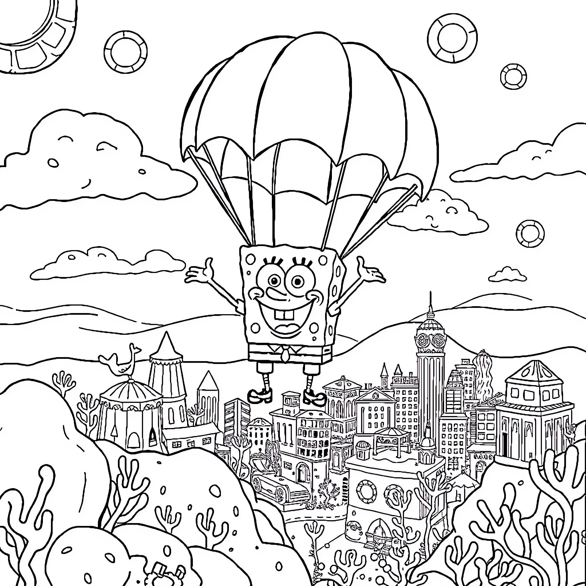 Spongebob parachuting over a whimsical cityscape Coloring Page (free black-and-white line drawing printable PDF for all, from beginners to advanced learners, including children, teens, adults, and seniors)
