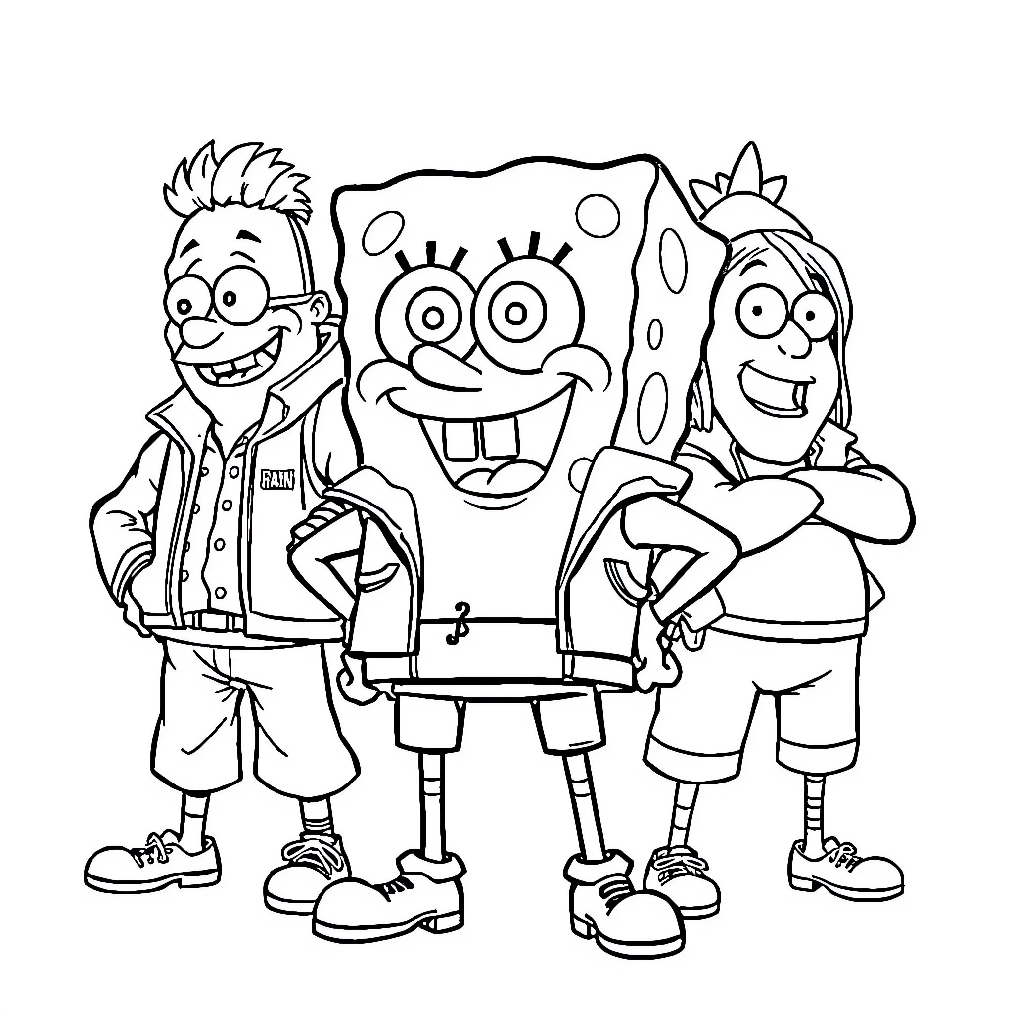 Spongebob and friends in playful poses Coloring Page (free black-and-white line drawing printable PDF for all, from beginners to advanced learners, including children, teens, adults, and seniors)