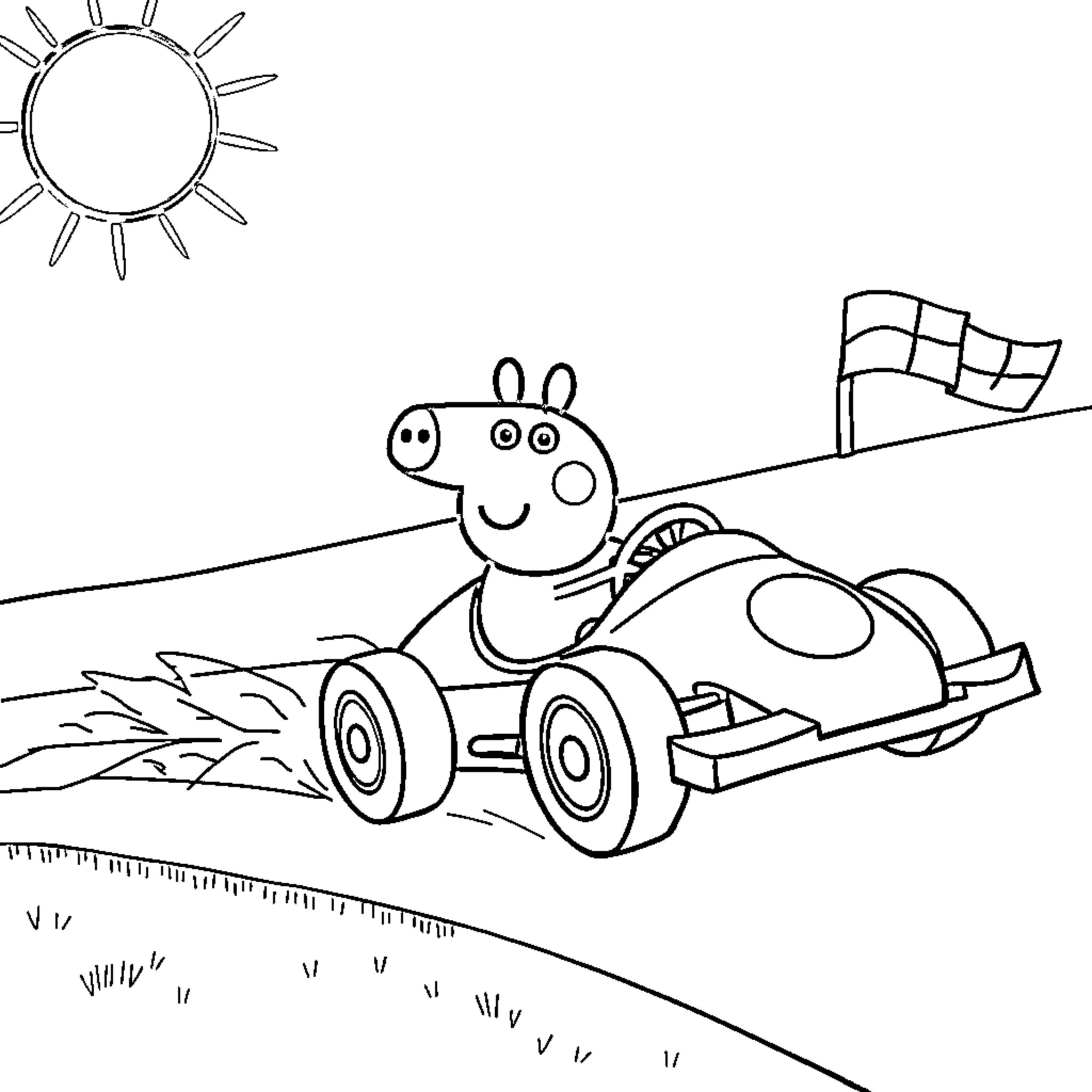 Peppa Pig racing in her car on the track Coloring Page (free black-and-white line drawing printable PDF for all, from beginners to advanced learners, including children, teens, adults, and seniors)