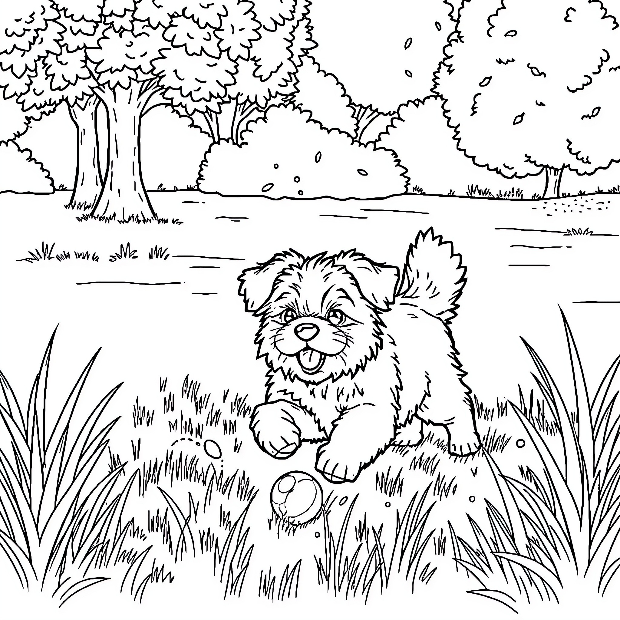 Dog enjoying a peaceful day in the park Coloring Page (free black-and-white line drawing printable PDF for all, from beginners to advanced learners, including children, teens, adults, and seniors)