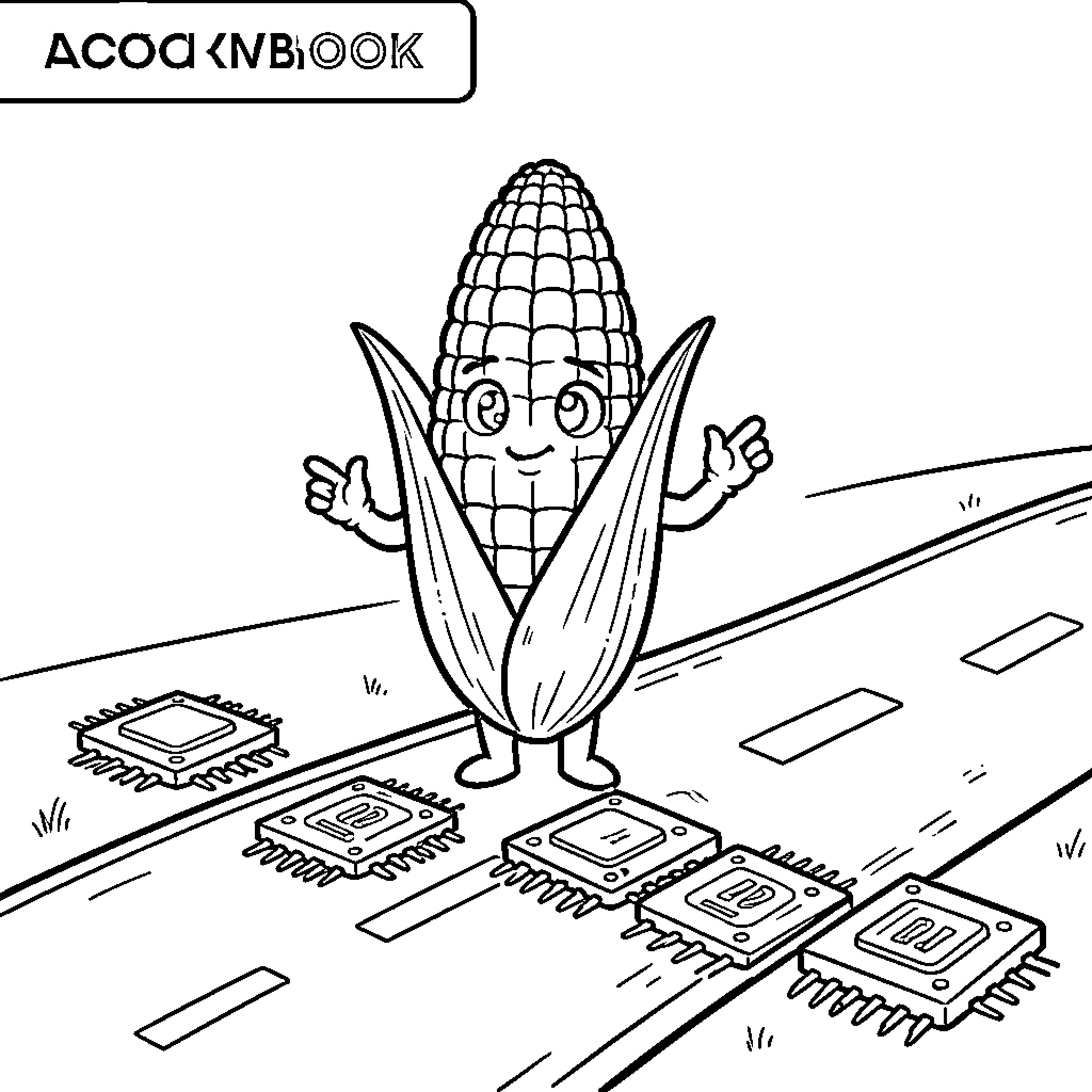 Corn Kernel character standing confidently on a road Coloring Page (free black-and-white line drawing printable PDF for all, from beginners to advanced learners, including children, teens, adults, and seniors)