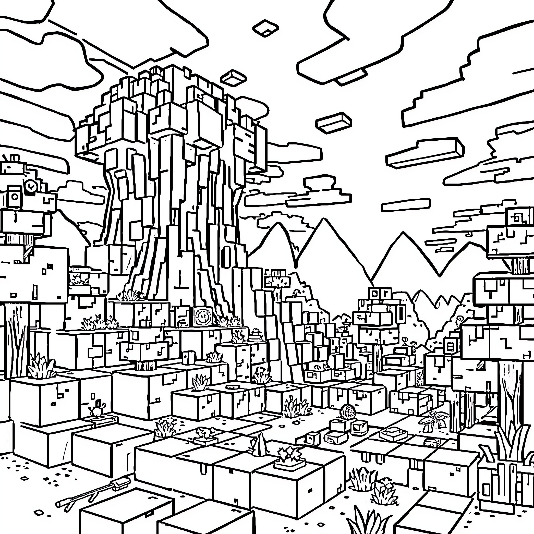 Minecraft Cityscape with Towering Structures and Landscapes Coloring Page (free black-and-white line drawing printable PDF for all, from beginners to advanced learners, including children, teens, adults, and seniors)
