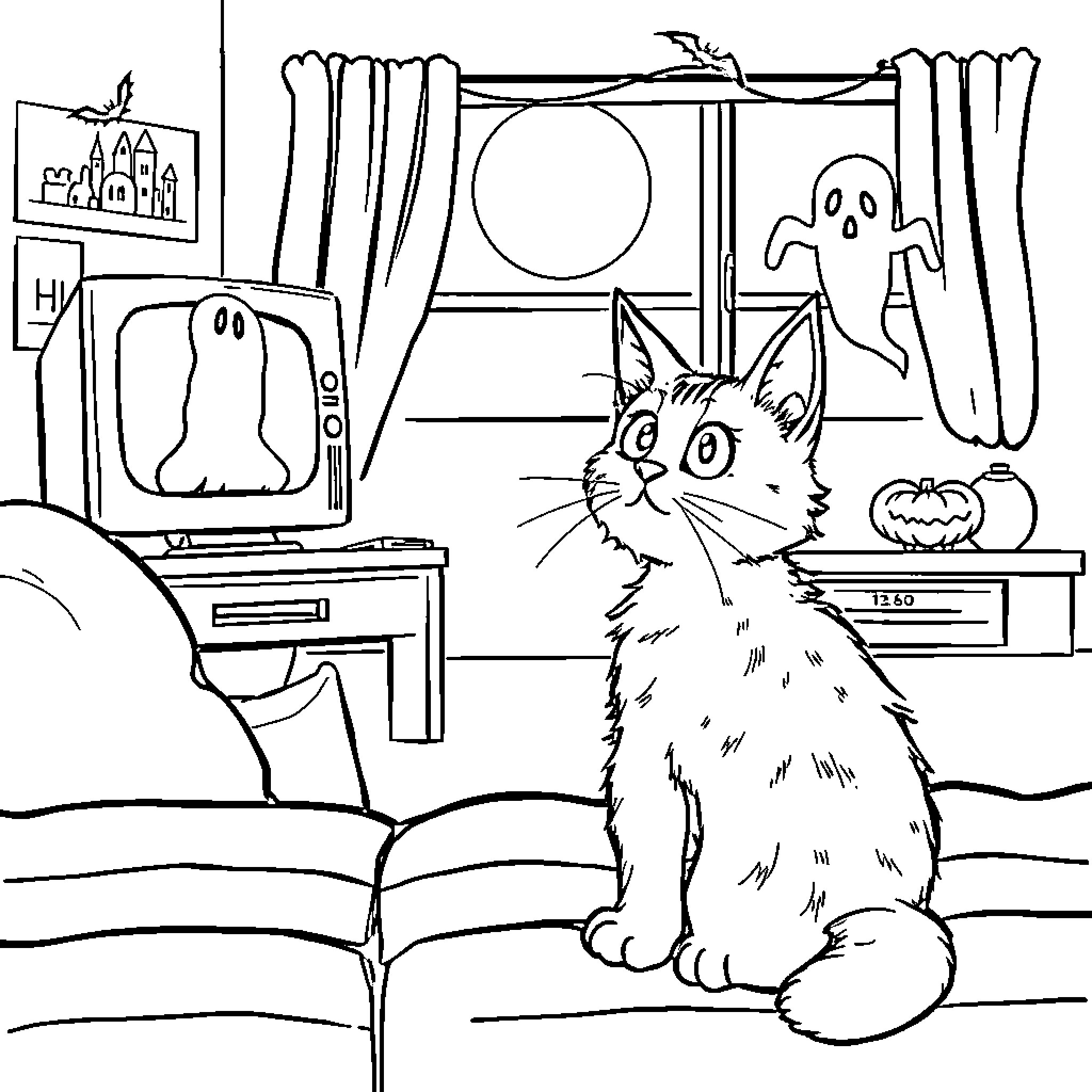 Cat watching spooky TV show in a cozy home Coloring Page (free black-and-white line drawing printable PDF for all, from beginners to advanced learners, including children, teens, adults, and seniors)