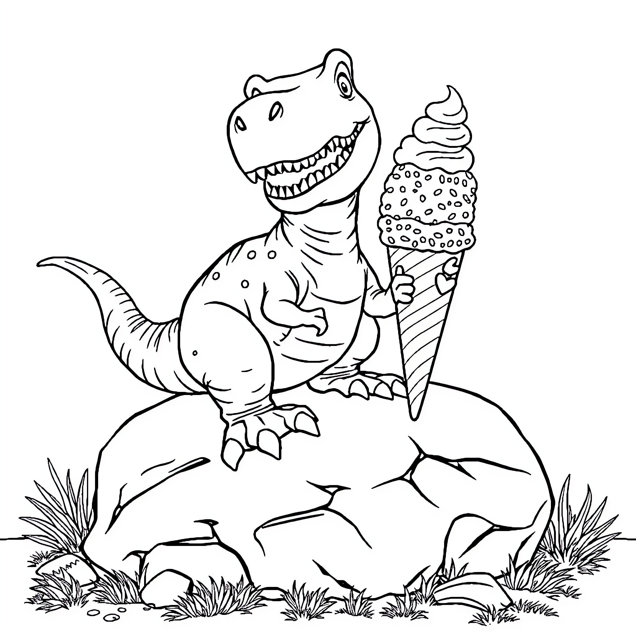T-Rex enjoying an ice cream cone in the wilderness Coloring Page (free black-and-white line drawing printable PDF for all, from beginners to advanced learners, including children, teens, adults, and seniors)