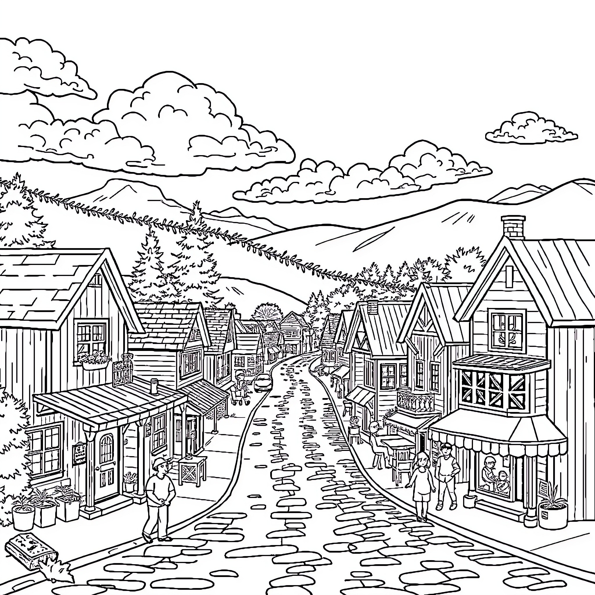Finkville's Vibrant Townscape with Quaint Structures Coloring Page (free black-and-white line drawing printable PDF for all, from beginners to advanced learners, including children, teens, adults, and seniors)
