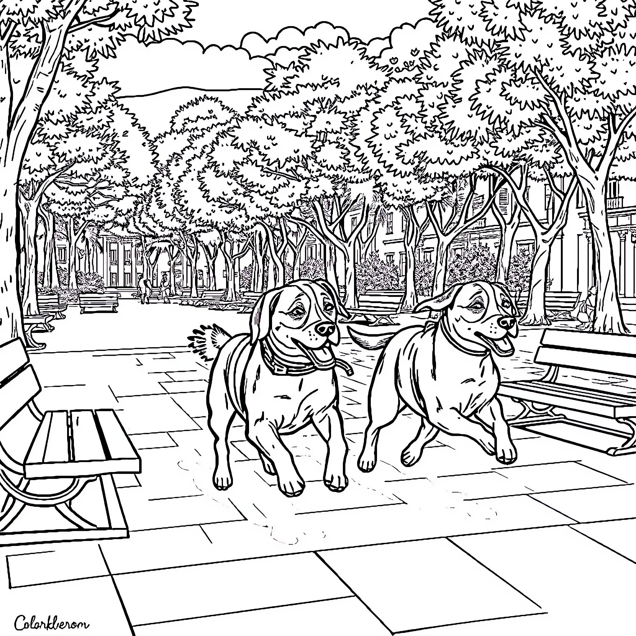 Perro paseando con su amigo en el parque Coloring Page (free black-and-white line drawing printable PDF for all, from beginners to advanced learners, including children, teens, adults, and seniors)