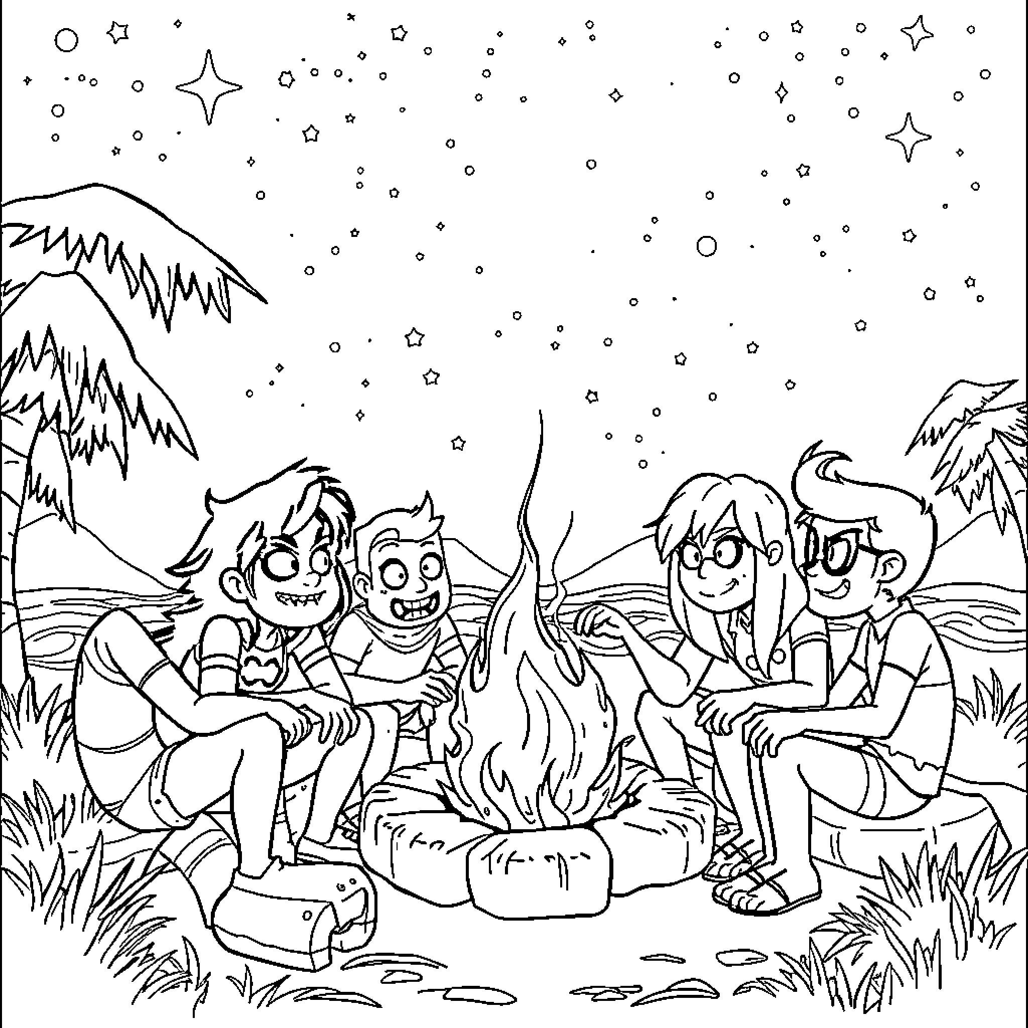 Villain friends enjoying a campfire under the starry night Coloring Page (free black-and-white line drawing printable PDF for all, from beginners to advanced learners, including children, teens, adults, and seniors)