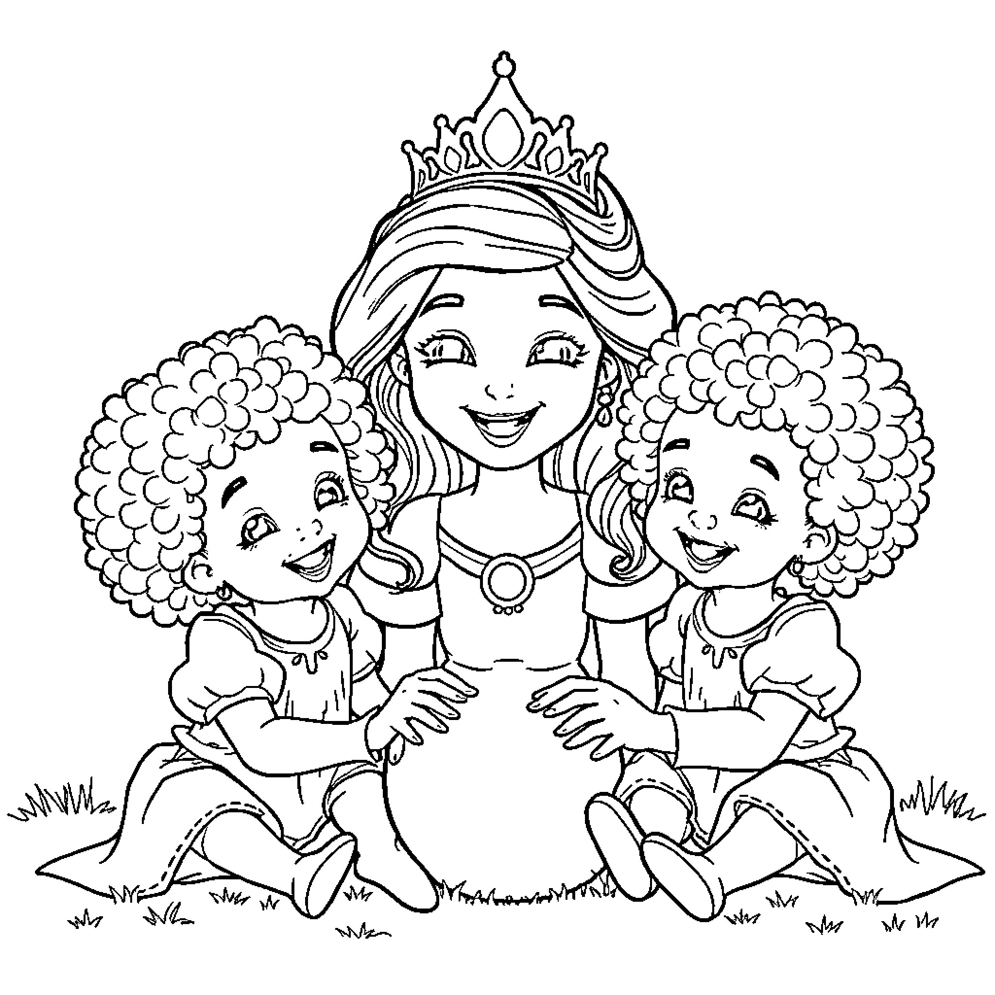Princess Surrounded by Cheerful Children Coloring Page (free black-and-white line drawing printable PDF for all, from beginners to advanced learners, including children, teens, adults, and seniors)