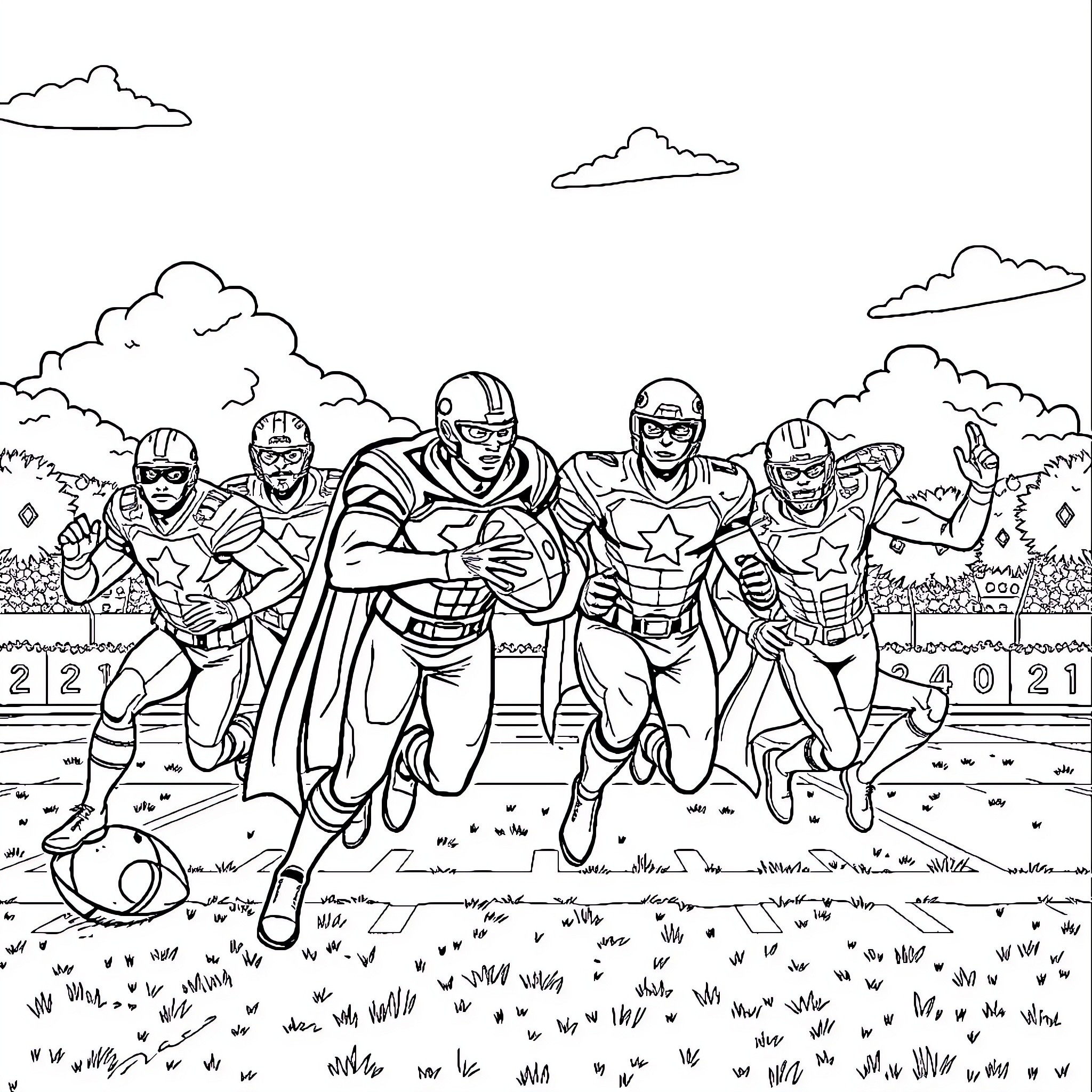 Avenger Football Team in Action Coloring Page (free black-and-white line drawing printable PDF for all, from beginners to advanced learners, including children, teens, adults, and seniors)