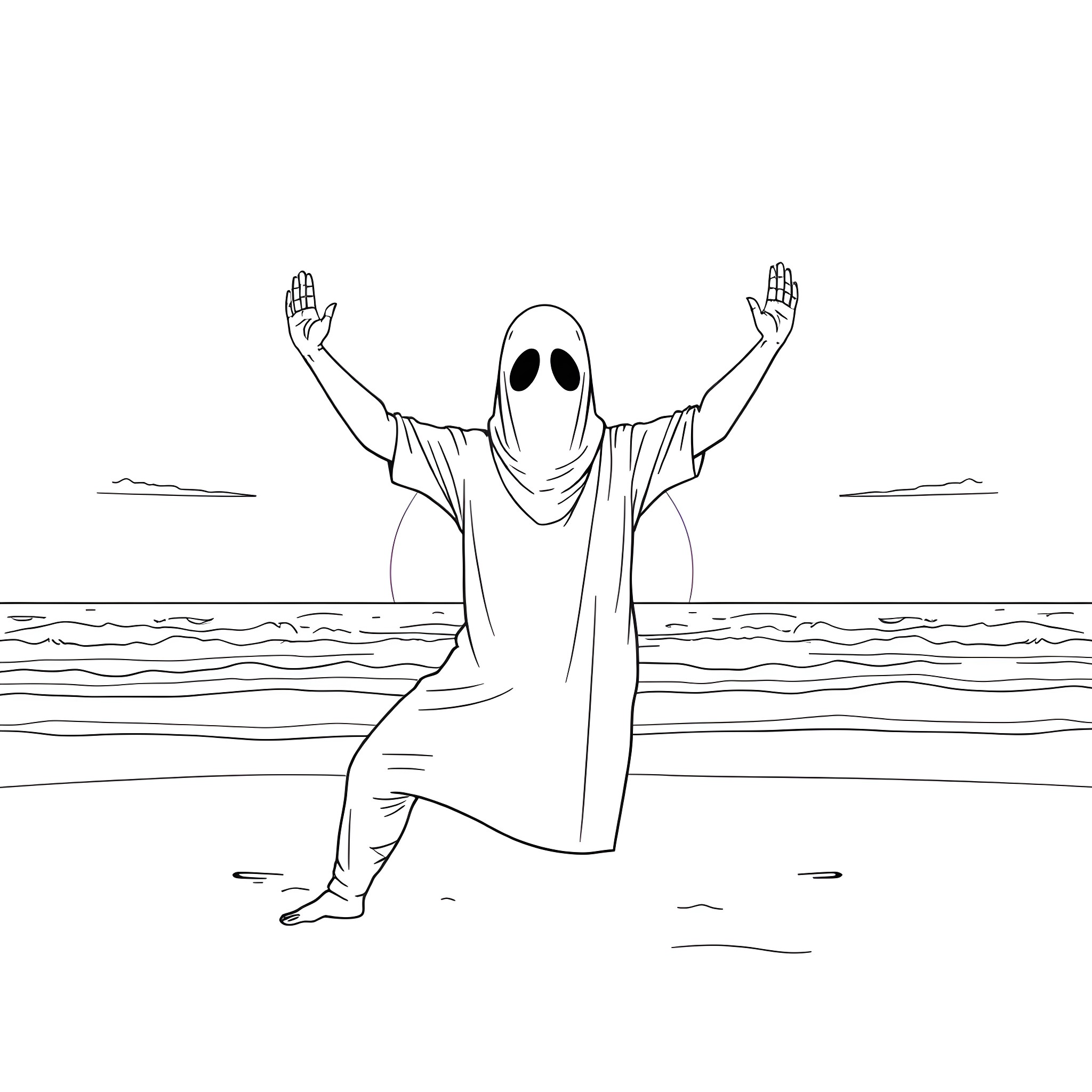 Ghostface character in meditative pose by the sea Coloring Page (free black-and-white line drawing printable PDF for all, from beginners to advanced learners, including children, teens, adults, and seniors)