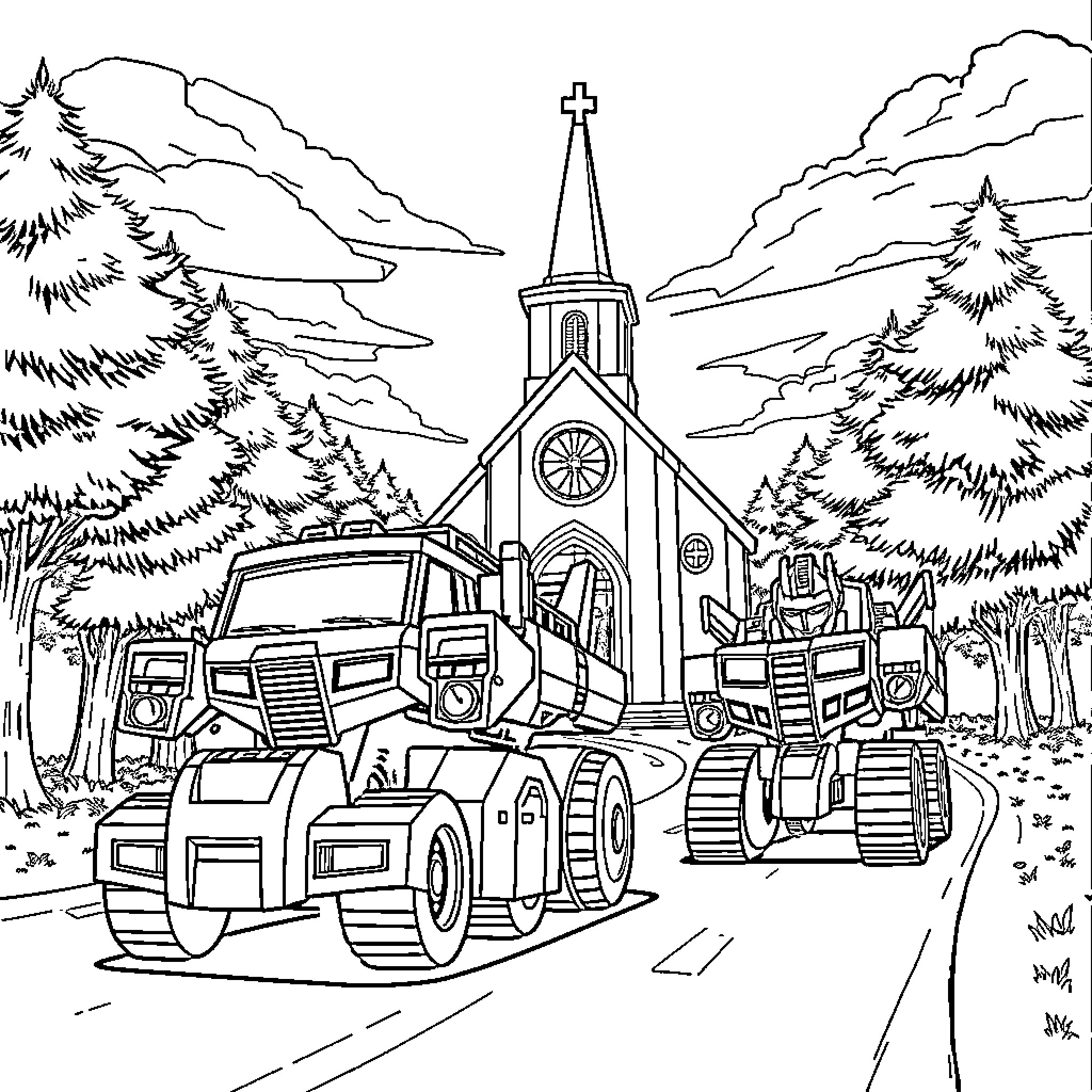Transformer construction work at the church Coloring Page (free black-and-white line drawing printable PDF for all, from beginners to advanced learners, including children, teens, adults, and seniors)