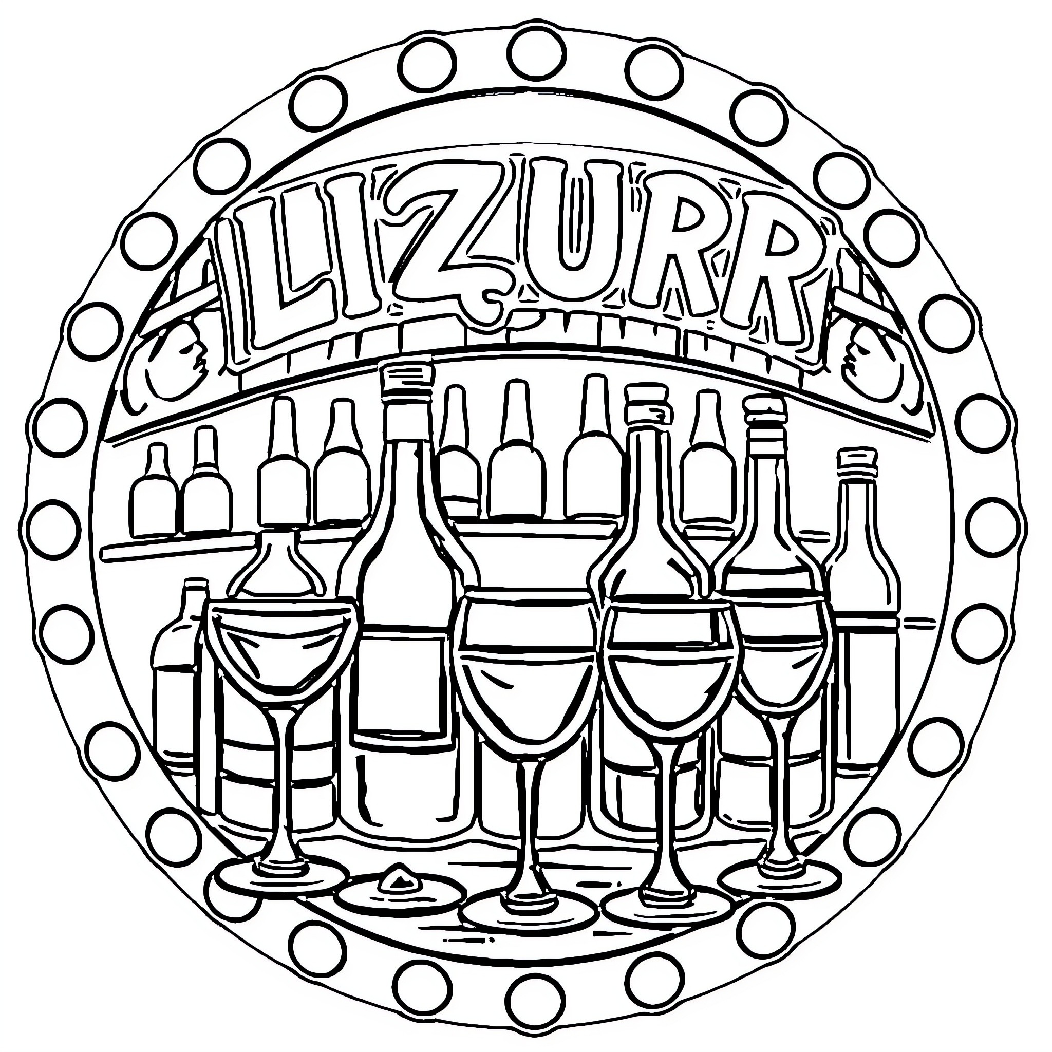 Liquor Store Logo with Diverse Alcoholic Beverages Coloring Page (free black-and-white line drawing printable PDF for all, from beginners to advanced learners, including children, teens, adults, and seniors)