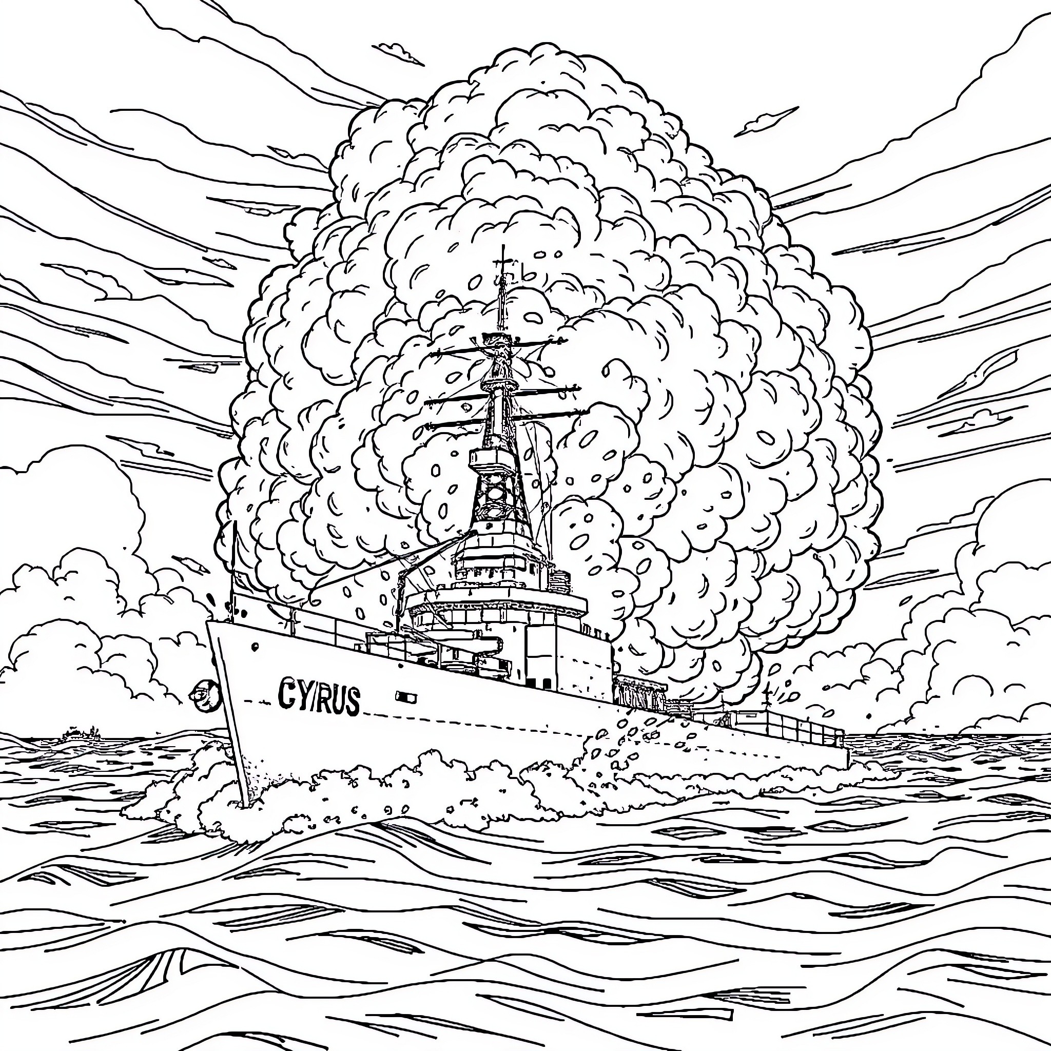 Ship sailing through turbulent waters Coloring Page (free black-and-white line drawing printable PDF for all, from beginners to advanced learners, including children, teens, adults, and seniors)